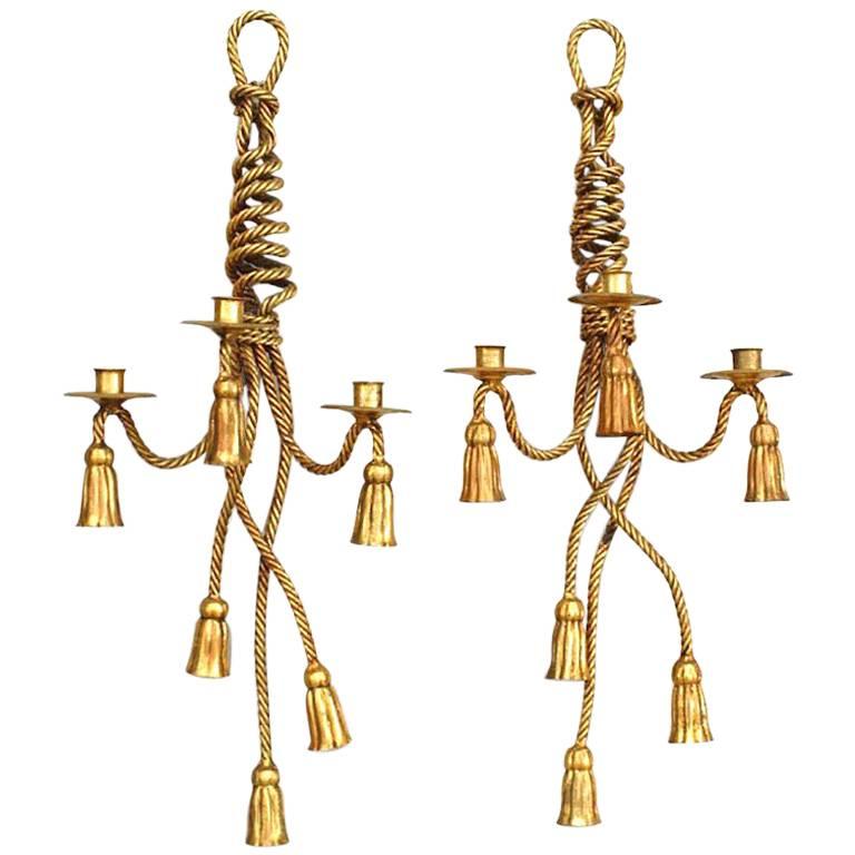 Pair of Art Moderne Rope and Tassel Design Three-Arm Wall Sconces