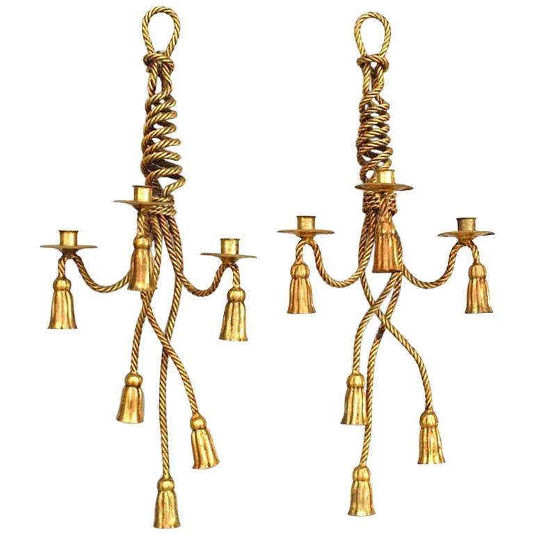 Coppia di lampade da parete a tre bracci in stile Art Moderne con design a corde e nappe