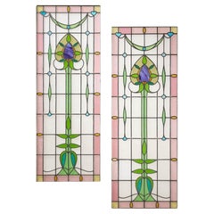 Antique Pair of Art Nouveau 19th Century Stained Glass Panels