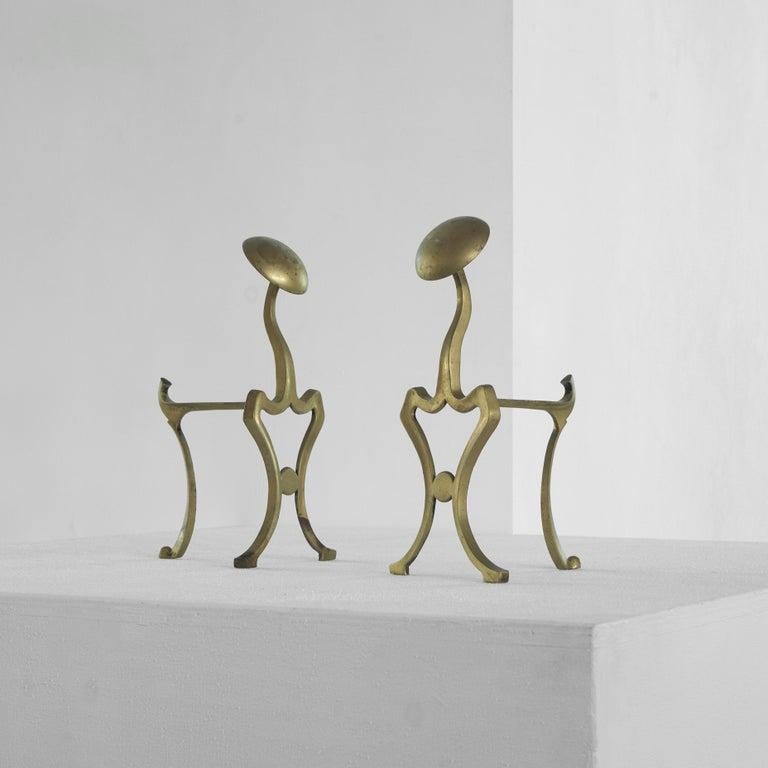 Hand-Crafted Pair of Art Nouveau Andirons in Patinated Brass For Sale