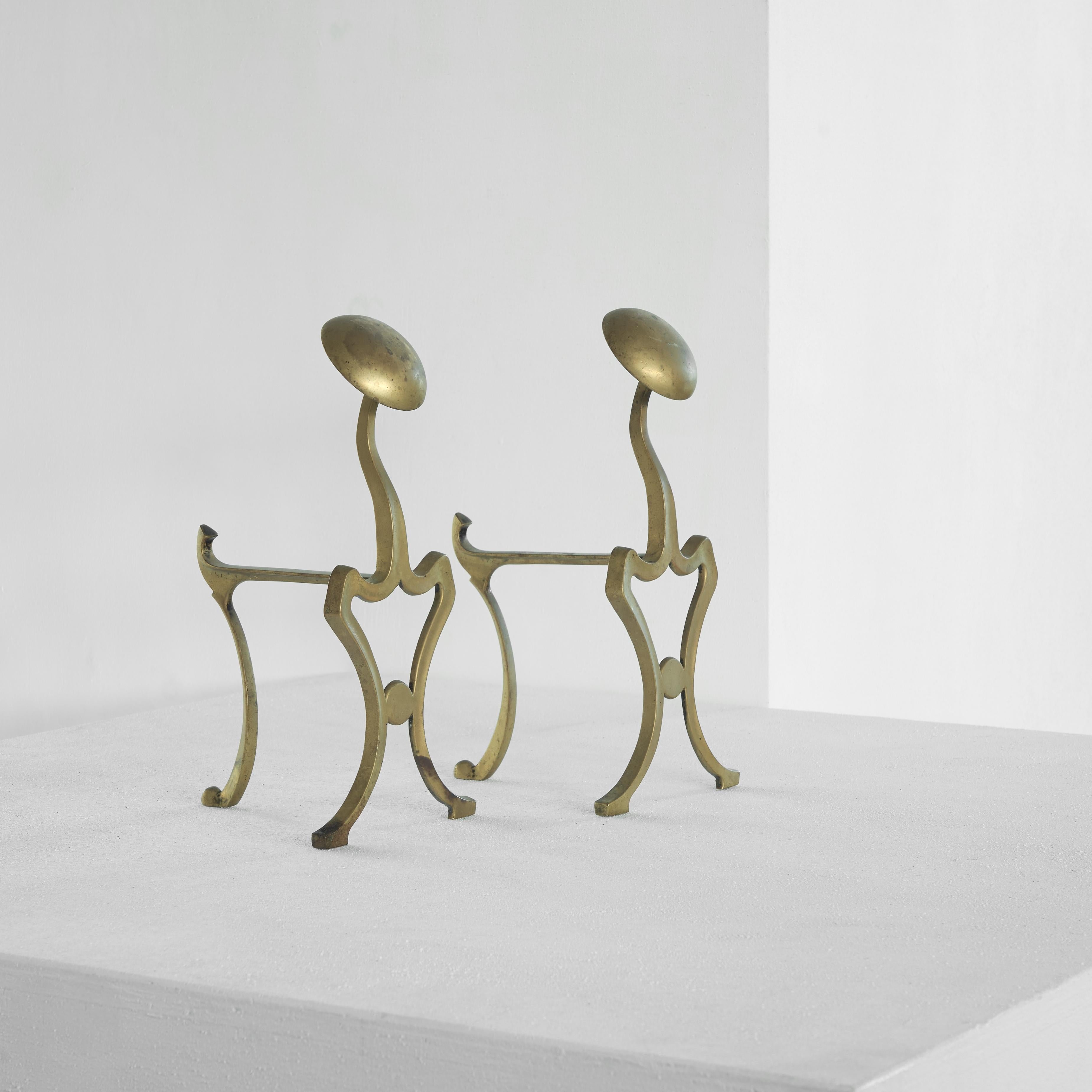 20th Century Pair of Art Nouveau Andirons in Patinated Brass For Sale