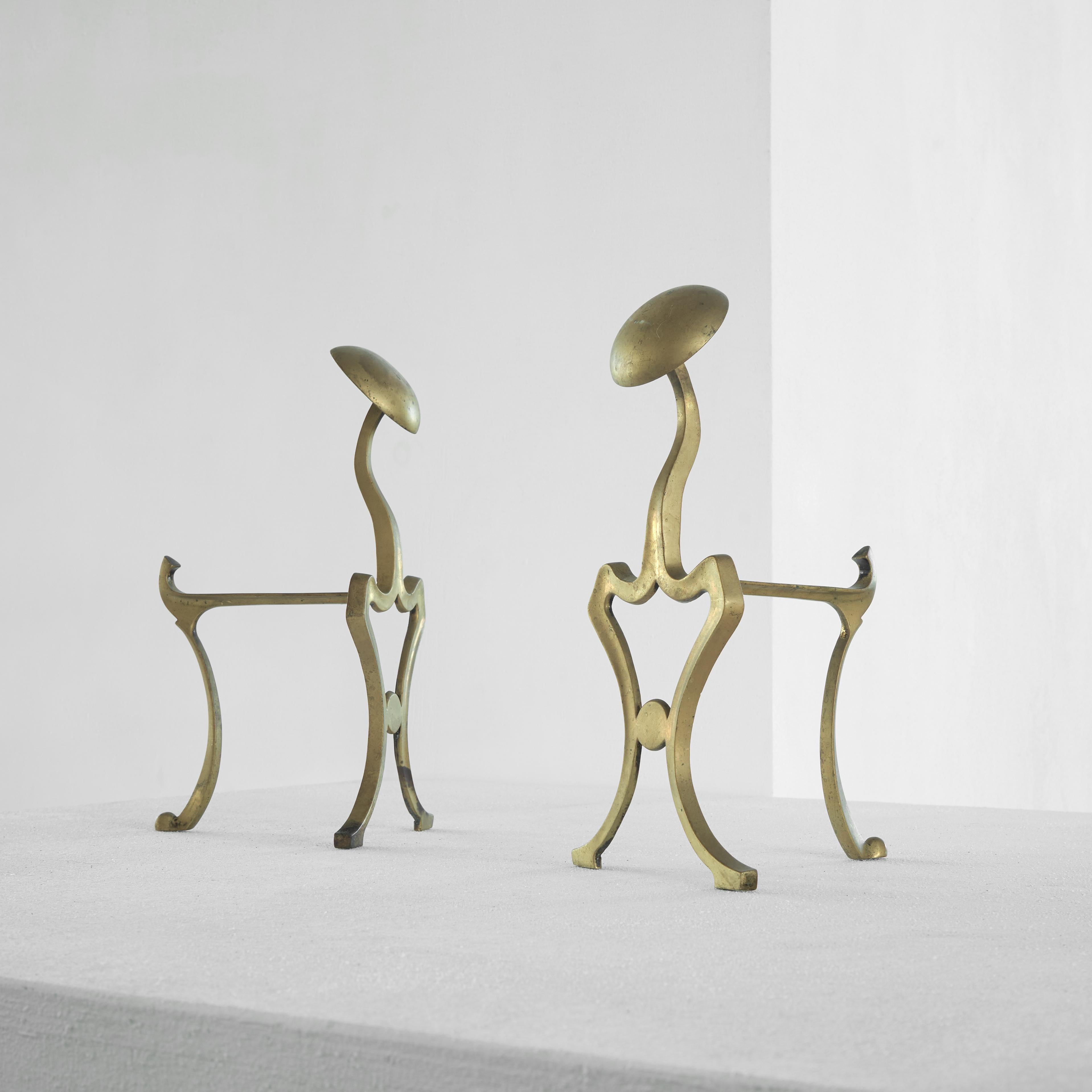 Pair of Art Nouveau Andirons in Patinated Brass For Sale 2