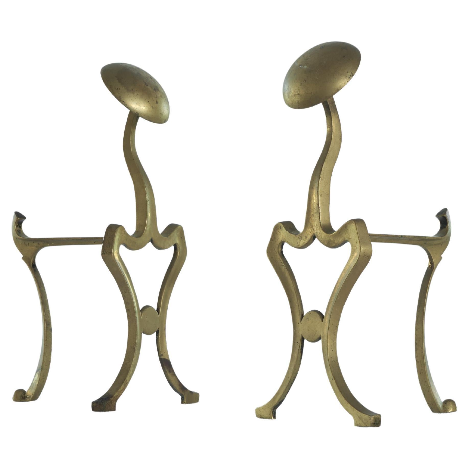 Pair of Art Nouveau Andirons in Patinated Brass For Sale