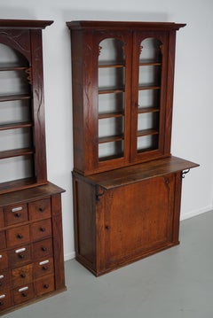 Pair of Art Nouveau Antique Dutch Oak Apothecary Cabinets / Vitrines ca 1904