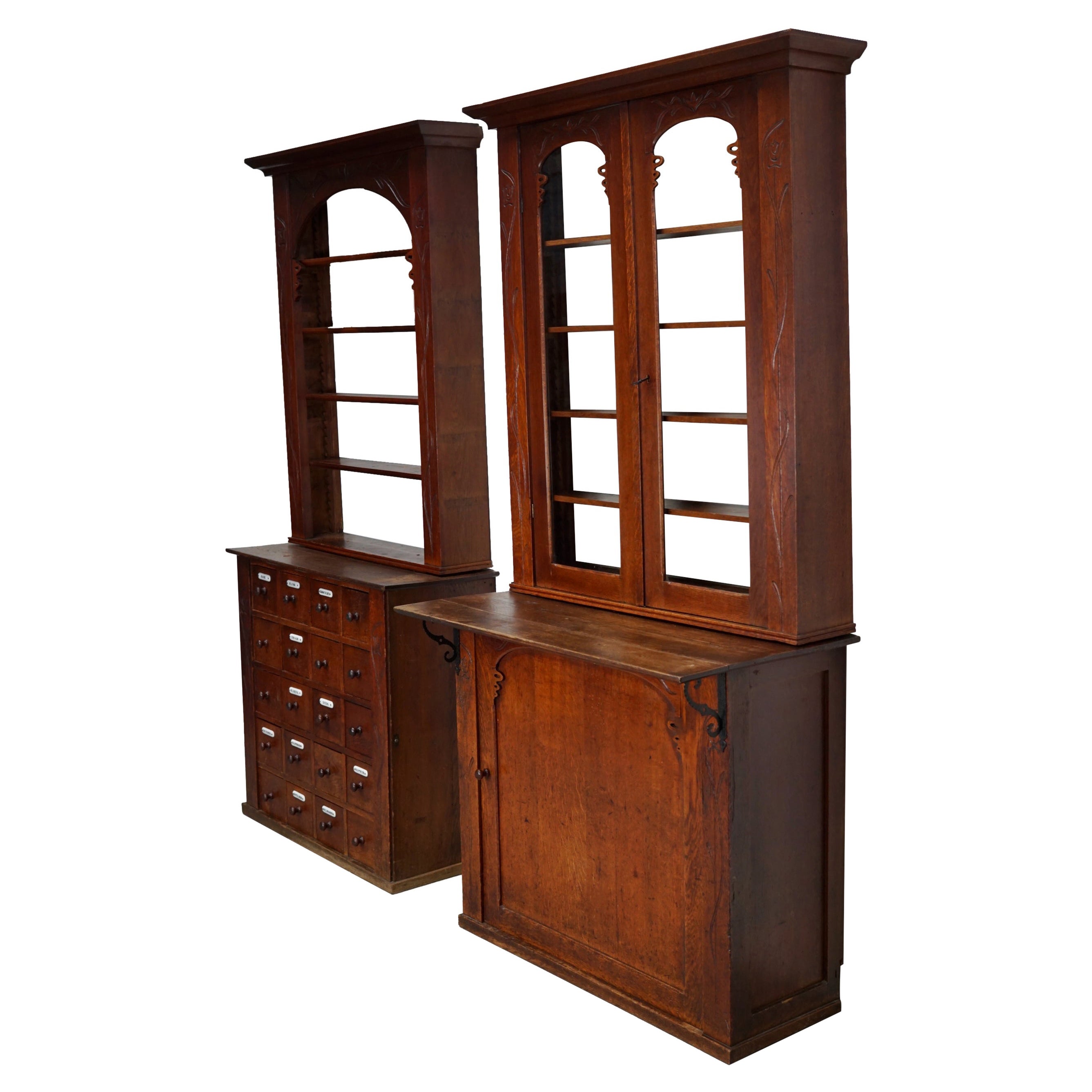 Paire d'apothicaires néerlandaises anciennes Art Nouveau en chêne, Vitrines, vers 1904