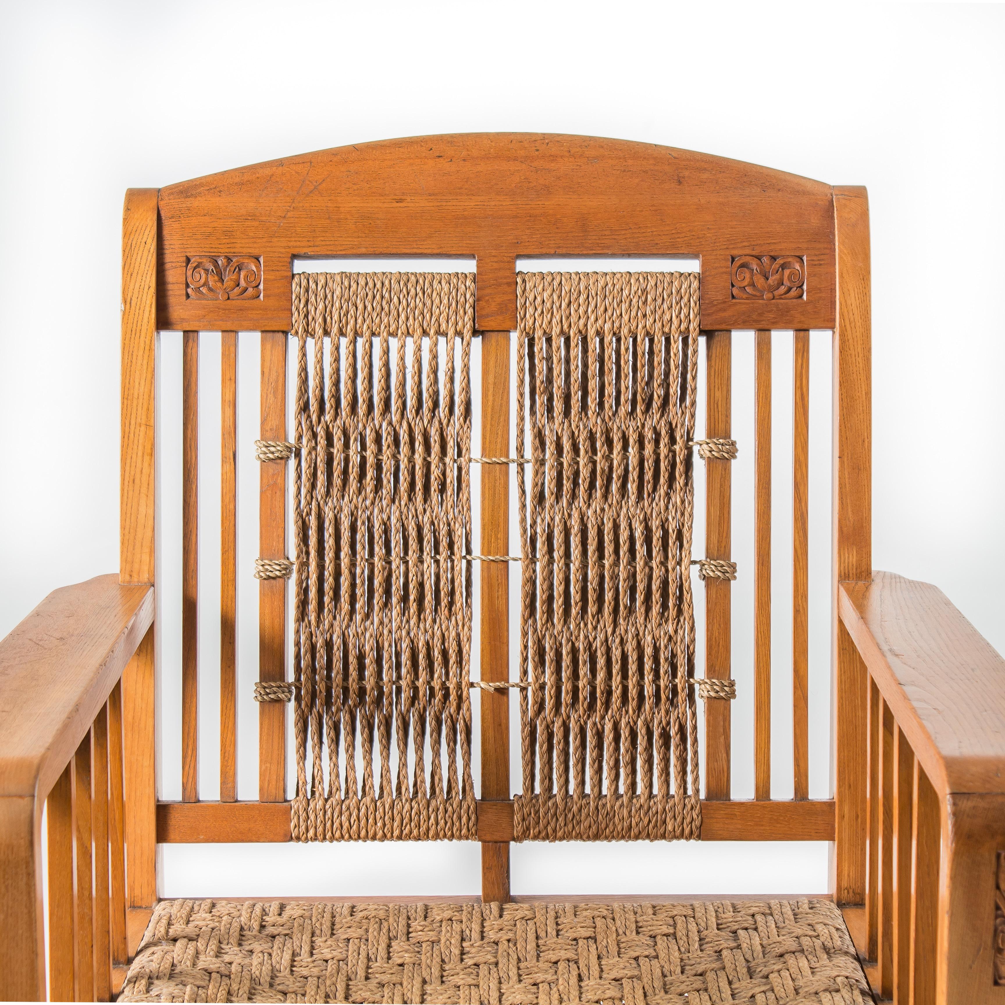 Carved Pair of Art Nouveau Ash and Seagrass Armchairs