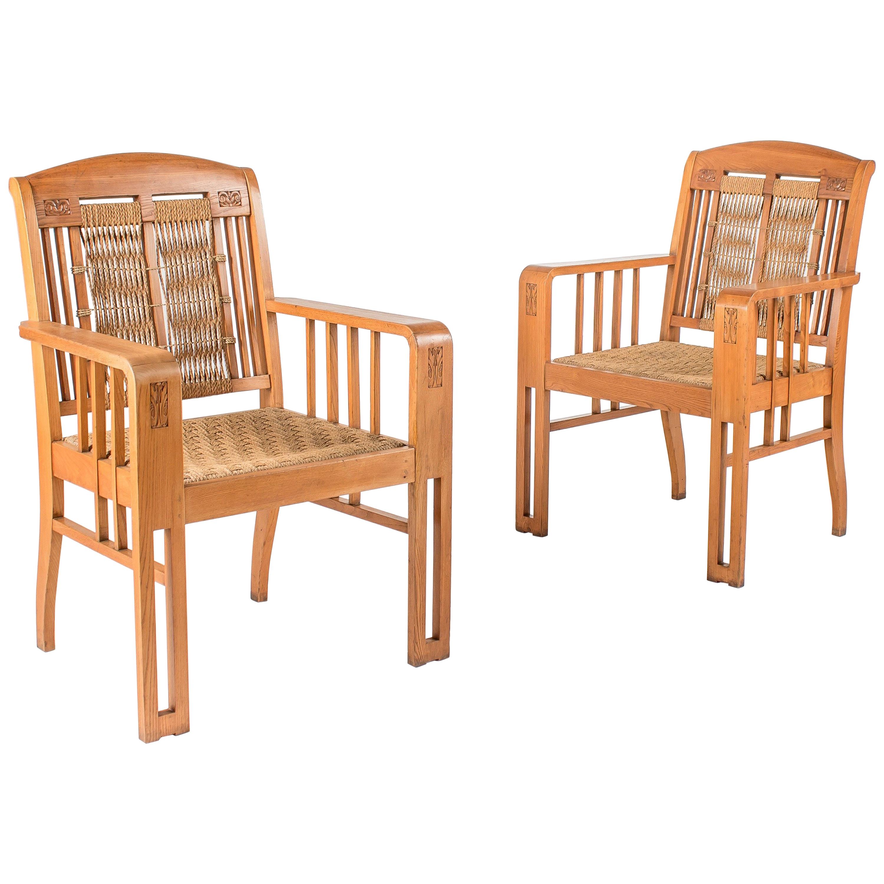 Pair of Art Nouveau Ash and Seagrass Armchairs