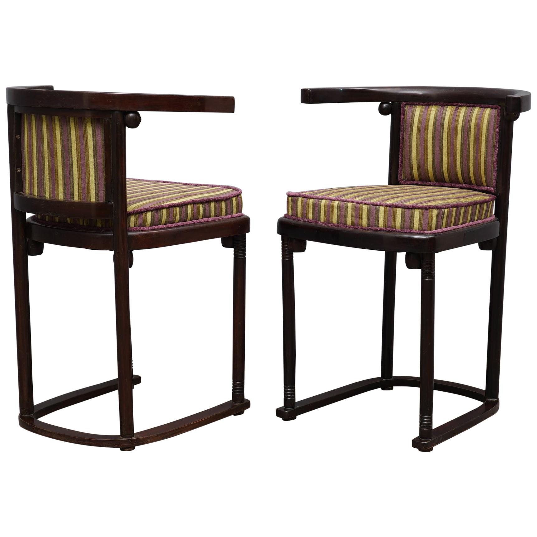 Pair of Art Nouveau Beech Wood and Striped Velvet Austrian Chairs, 1910