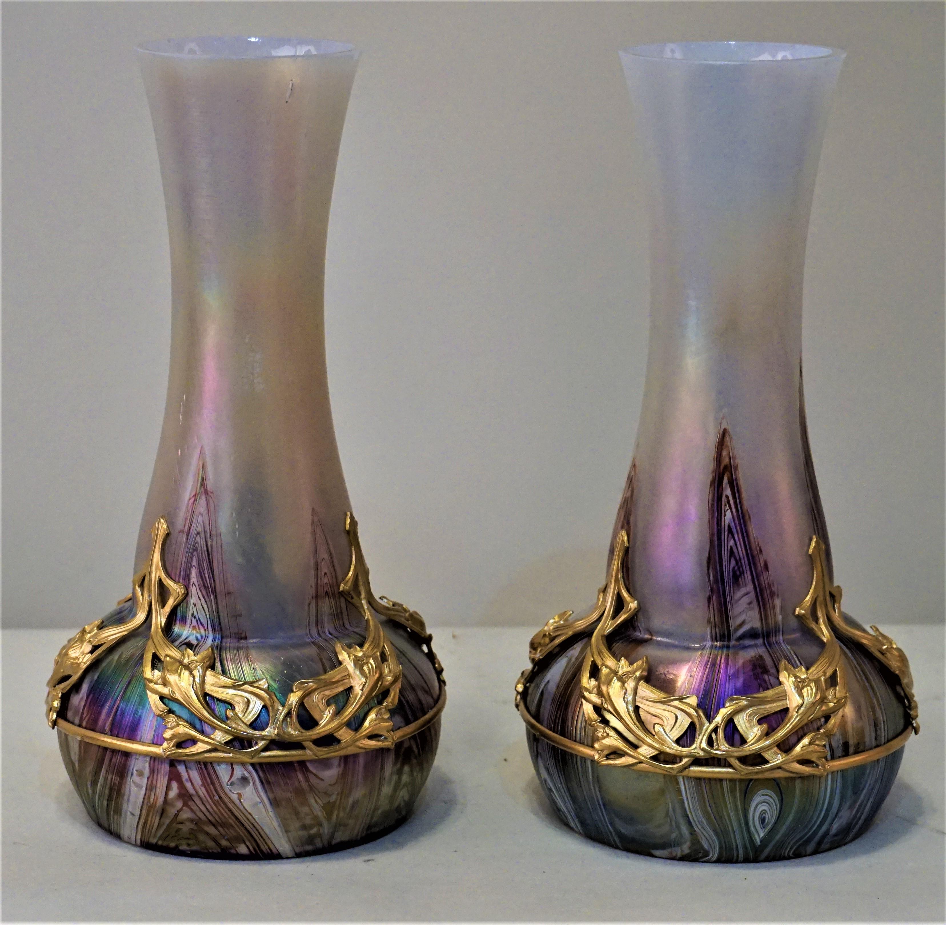 20th Century Pair of Art Nouveau Blown Glass and Bronze Vases