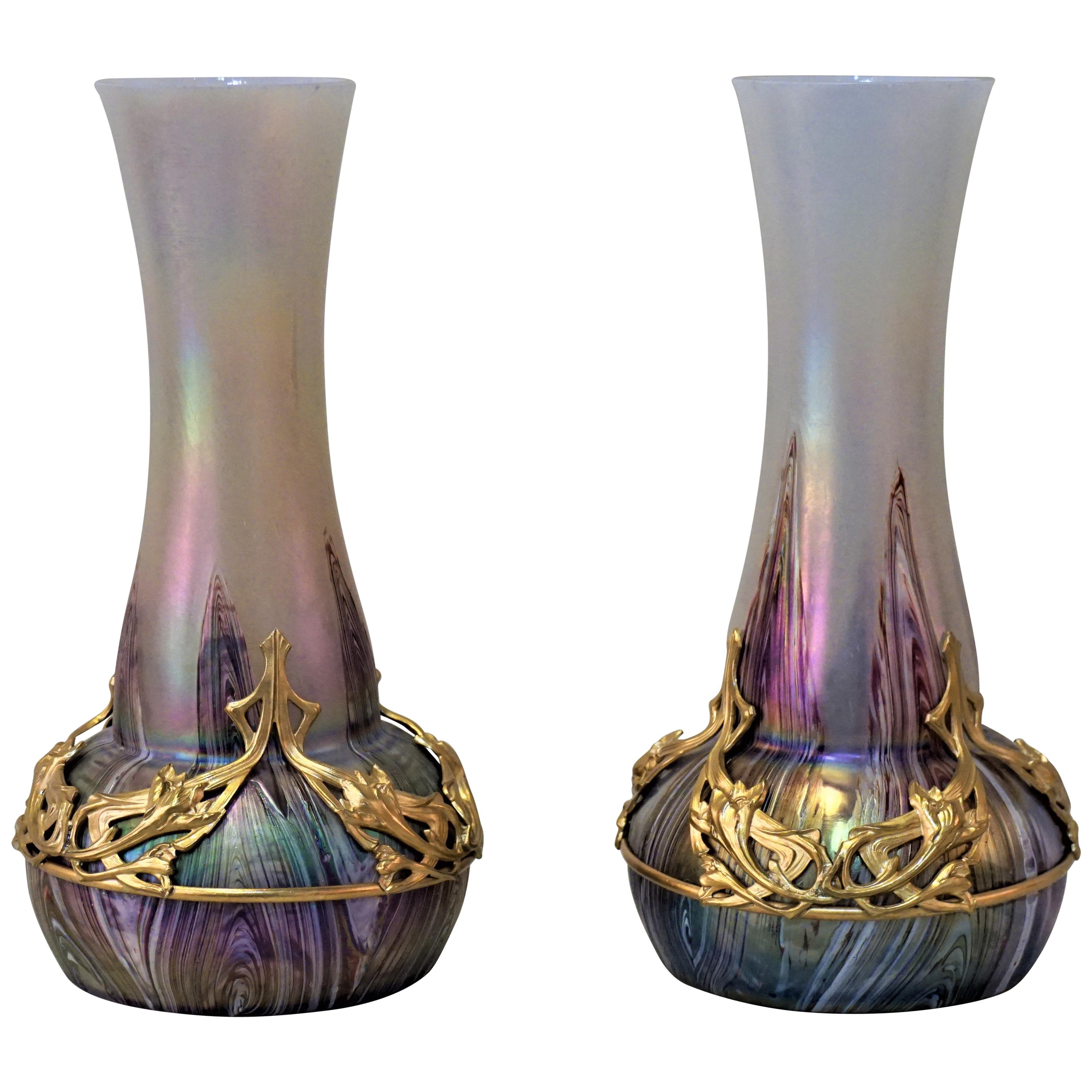 Art Nouveau a Pair of Large Art Glass Vases, Bronze Fittings, circa