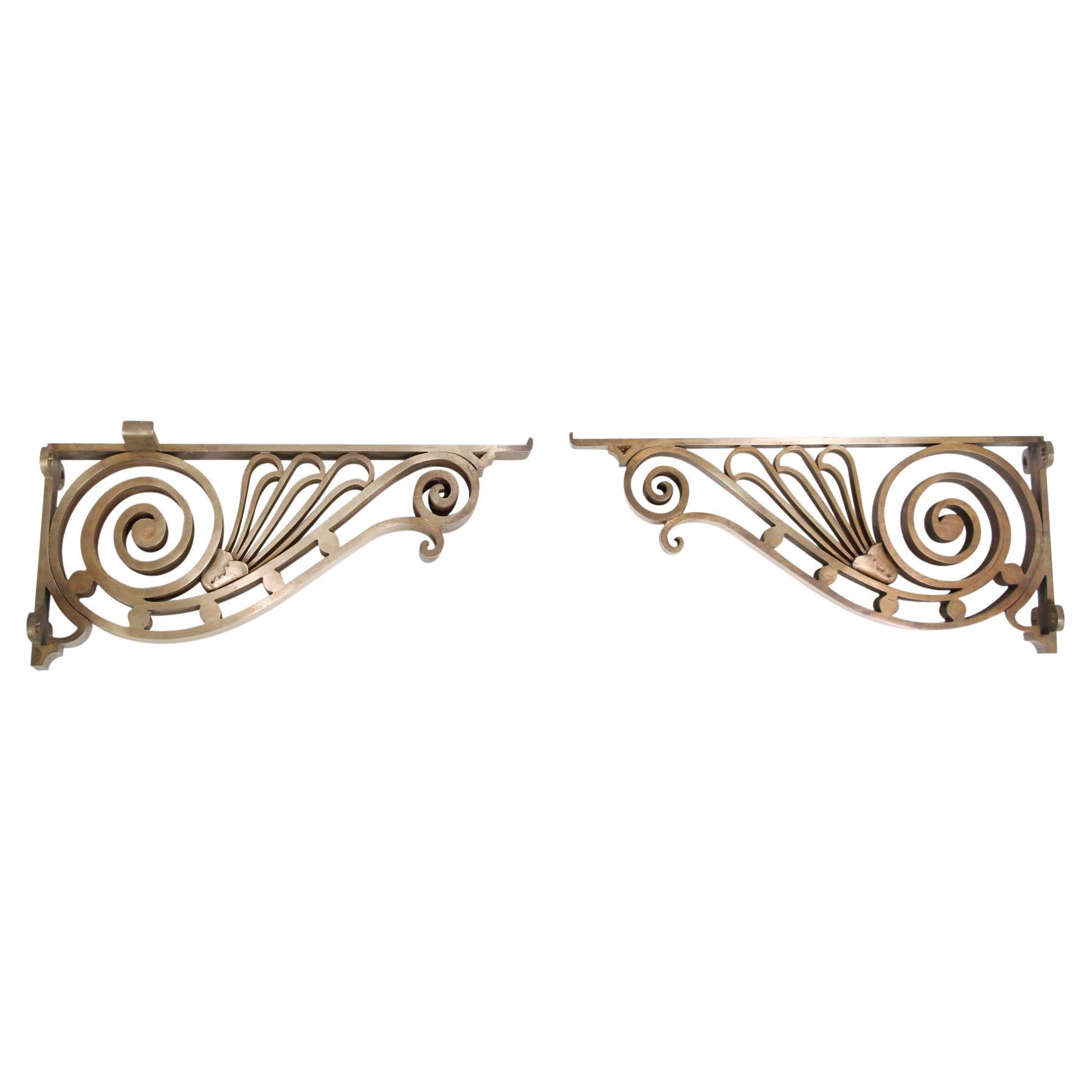 Pair of Art Nouveau Brackets in Polished Bronze w Spirals  For Sale