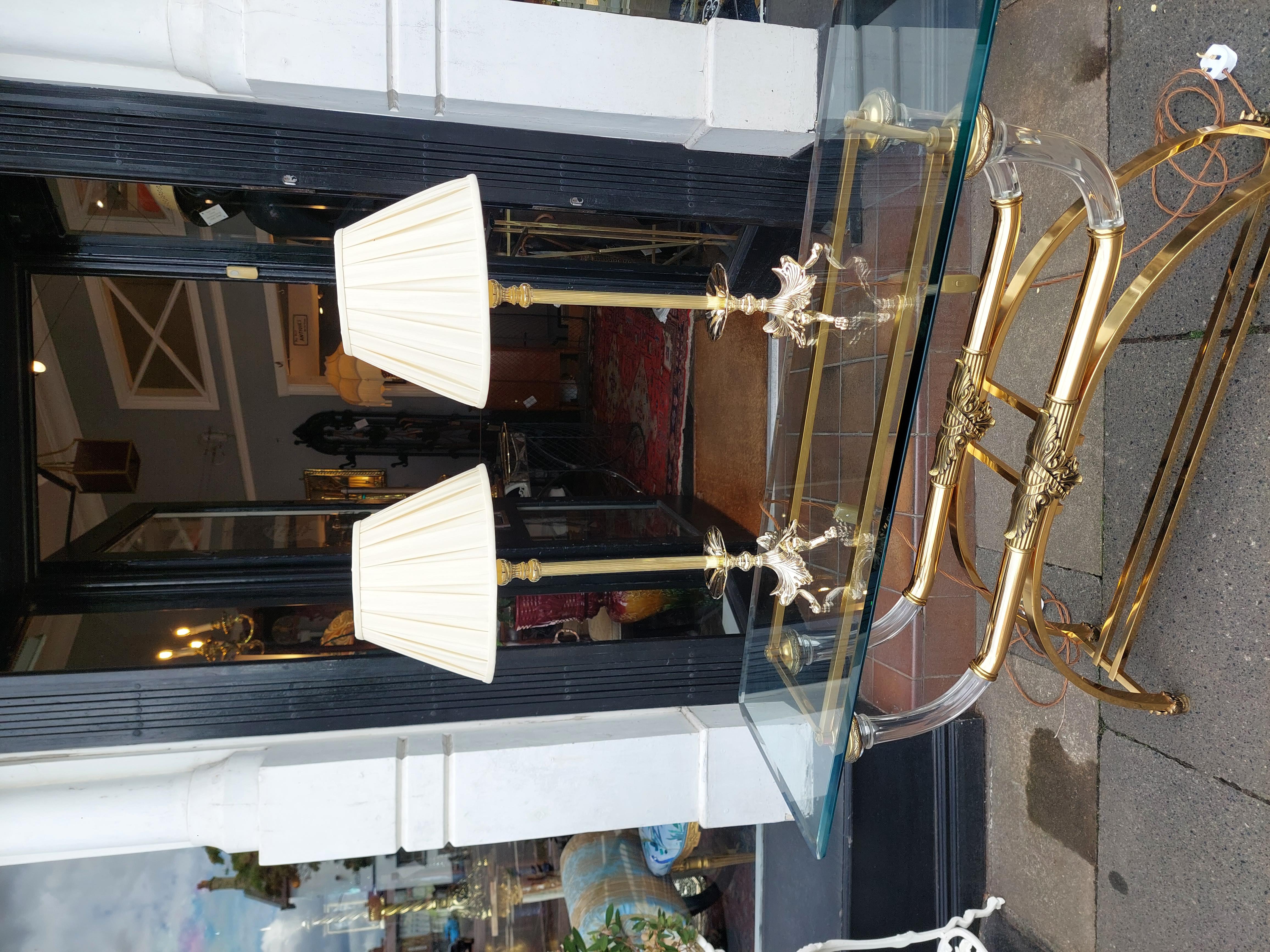 Pair of Art Nouveau Brass Table Lamps - with Tripod Bases on Anthemion Separated Lion Paw Feet - 27