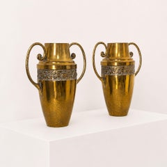 Pair of Art Nouveau Brass Vases Floral, France, 1930