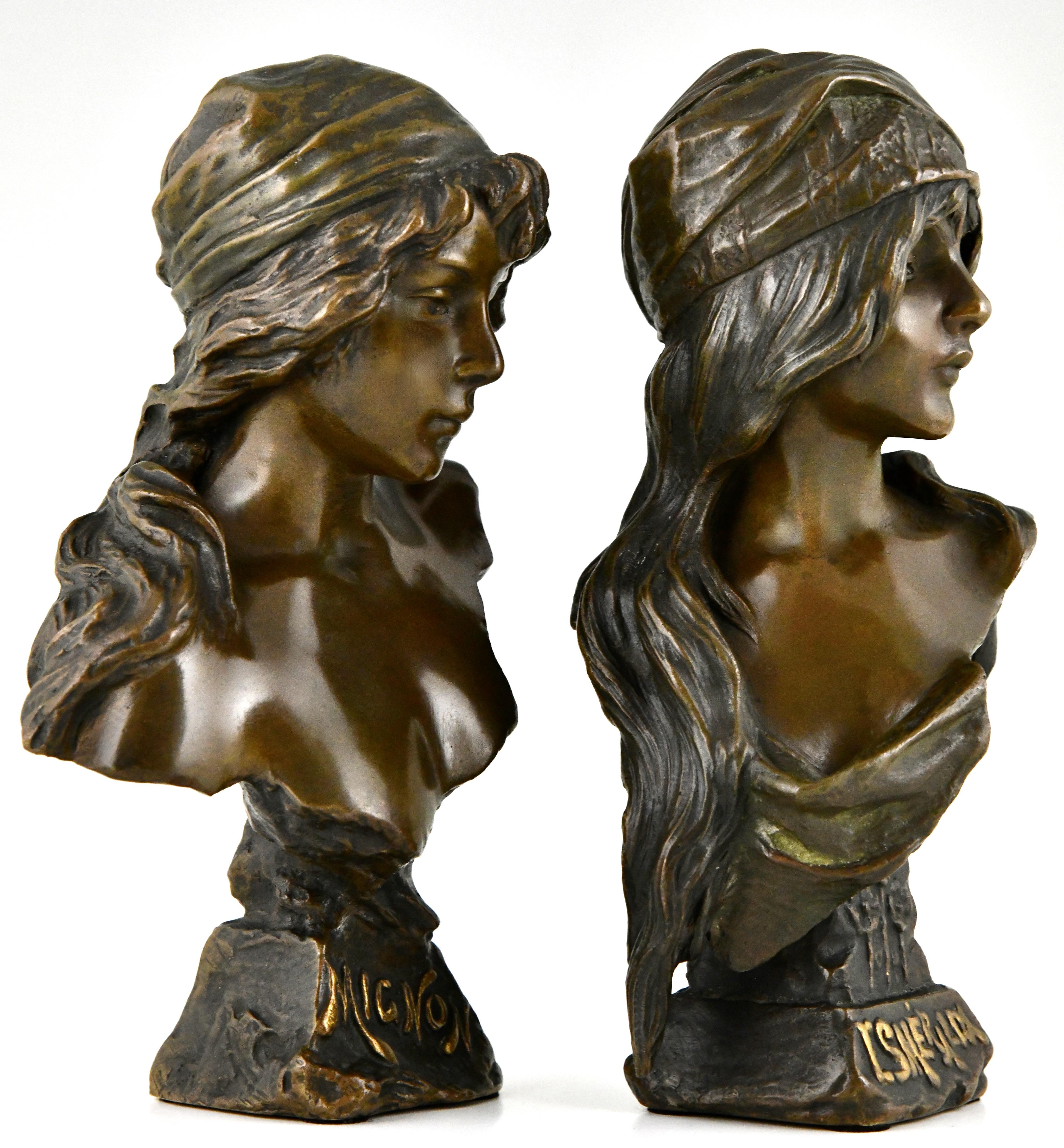 French Pair of Art Nouveau bronze busts Mignon and Esmeralda by Emmanuel Villanis, 1896 For Sale