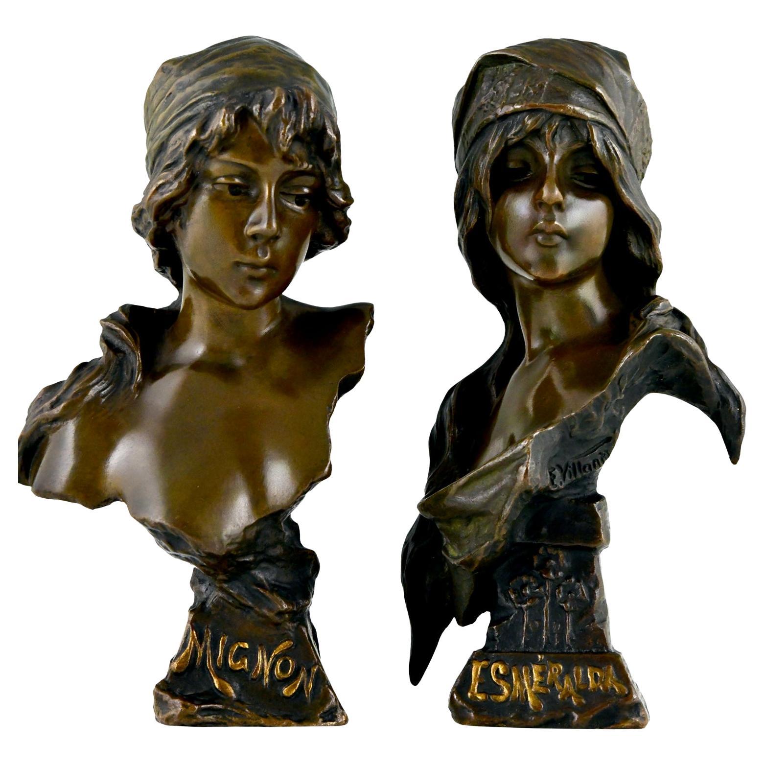 Pair of Art Nouveau bronze busts Mignon and Esmeralda by Emmanuel Villanis, 1896 For Sale
