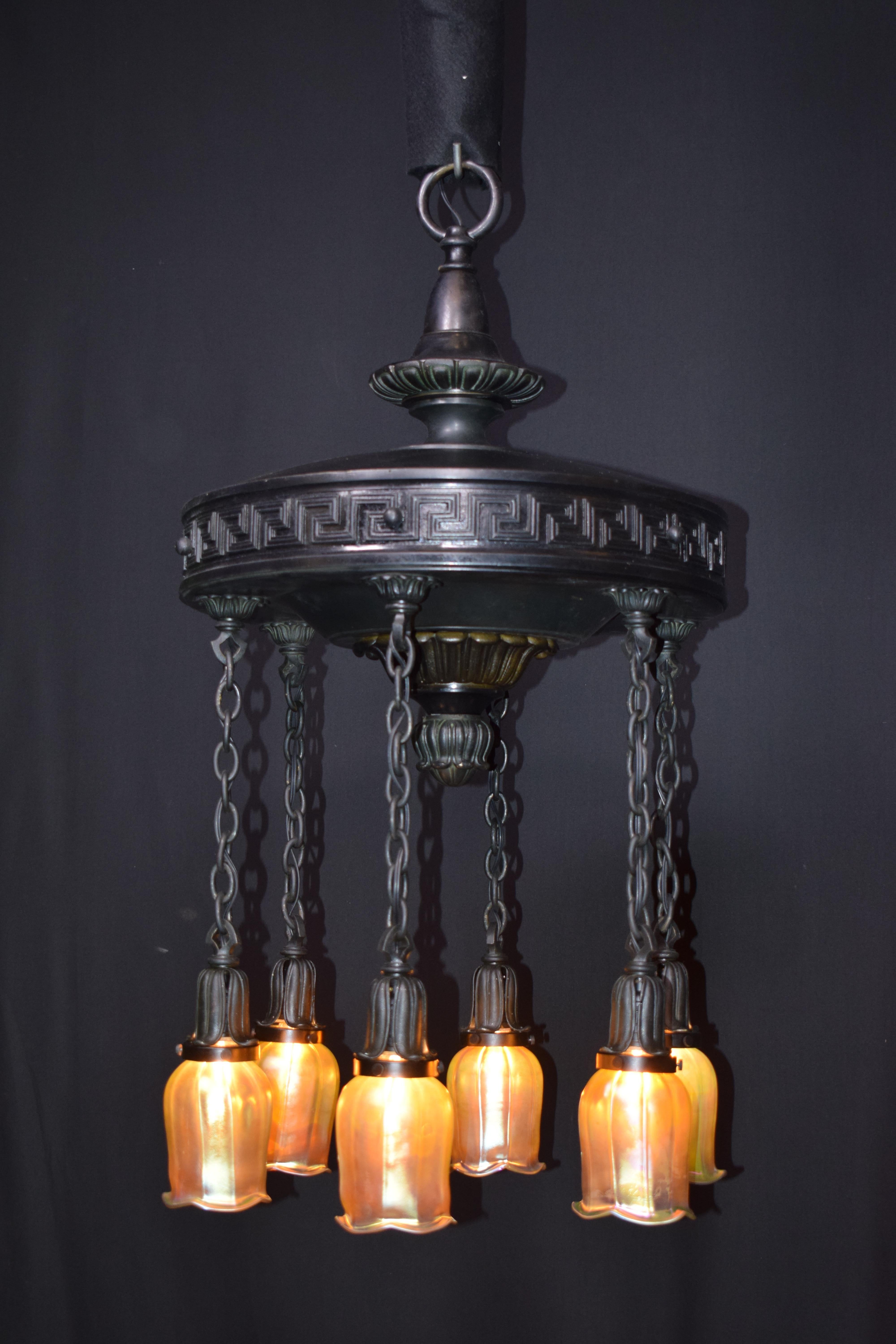 Pair of Art Nouveau Bronze Chandelier with Greek Key In Good Condition For Sale In Atlanta, GA