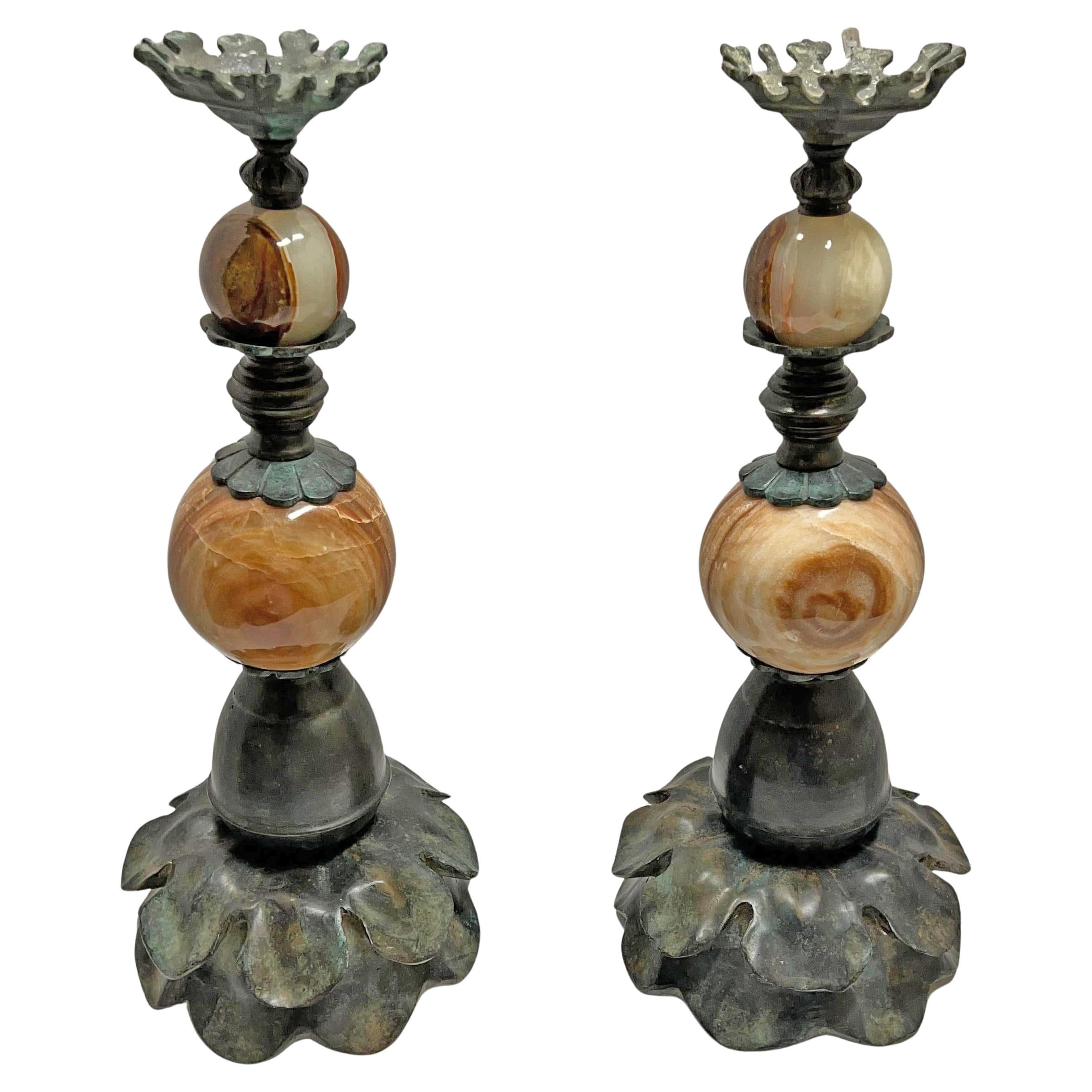 Pair of Art Nouveau Bronze Marble Candlesticks In Good Condition For Sale In Palm Beach, FL