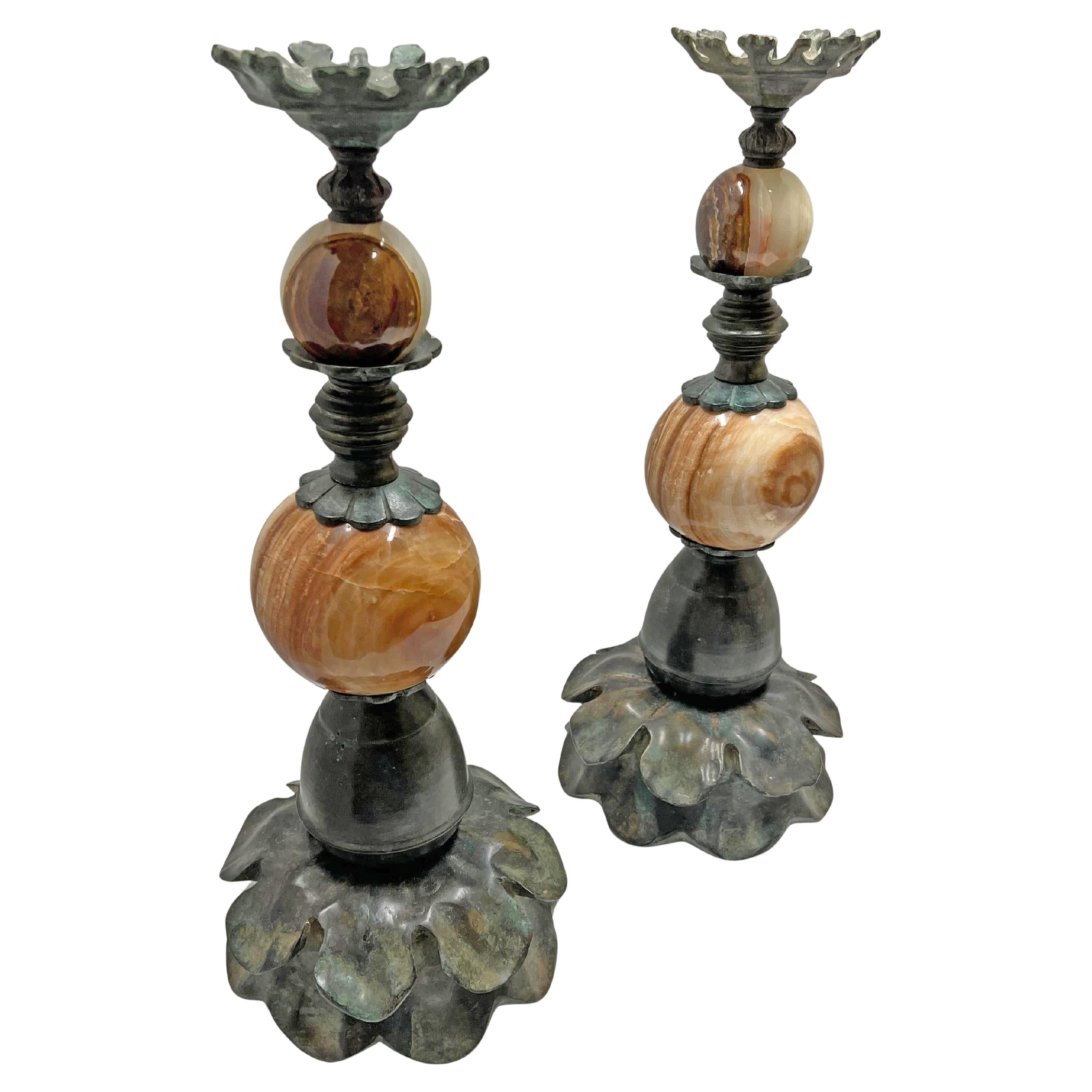 Women's or Men's Pair of Art Nouveau Bronze Marble Candlesticks For Sale
