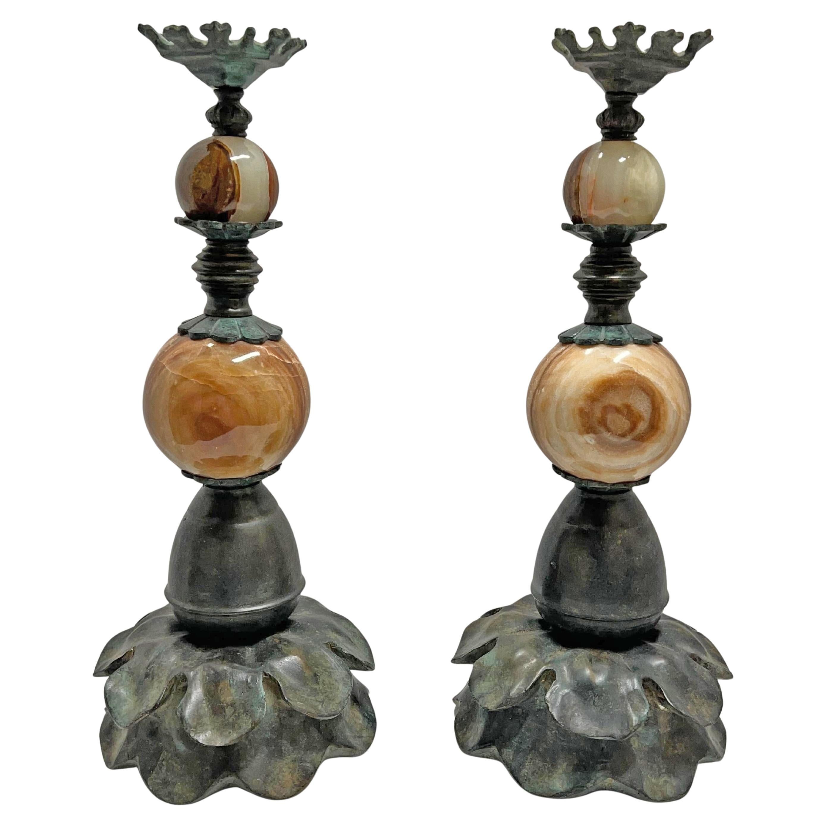 Paar Jugendstil-Kerzenleuchter aus Bronze und Marmor