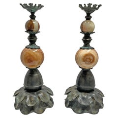 Pair of Art Nouveau Bronze Marble Candlesticks