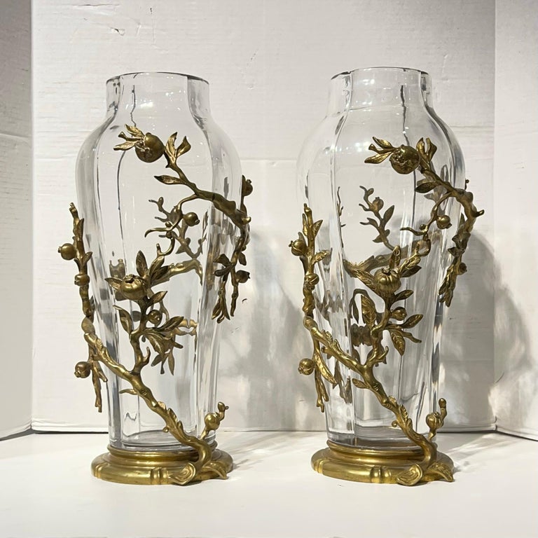 Pair of Art Nouveau Bronze Mounted Crystal Glass Vases by Edmond Enot