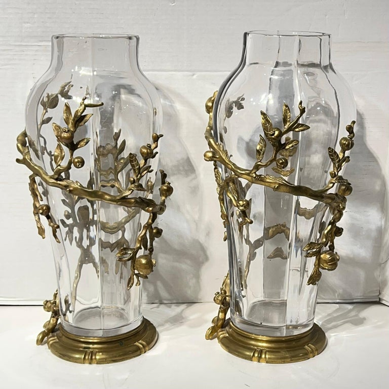 Pair of Art Nouveau Bronze Mounted Crystal Glass Vases by Edmond Enot
