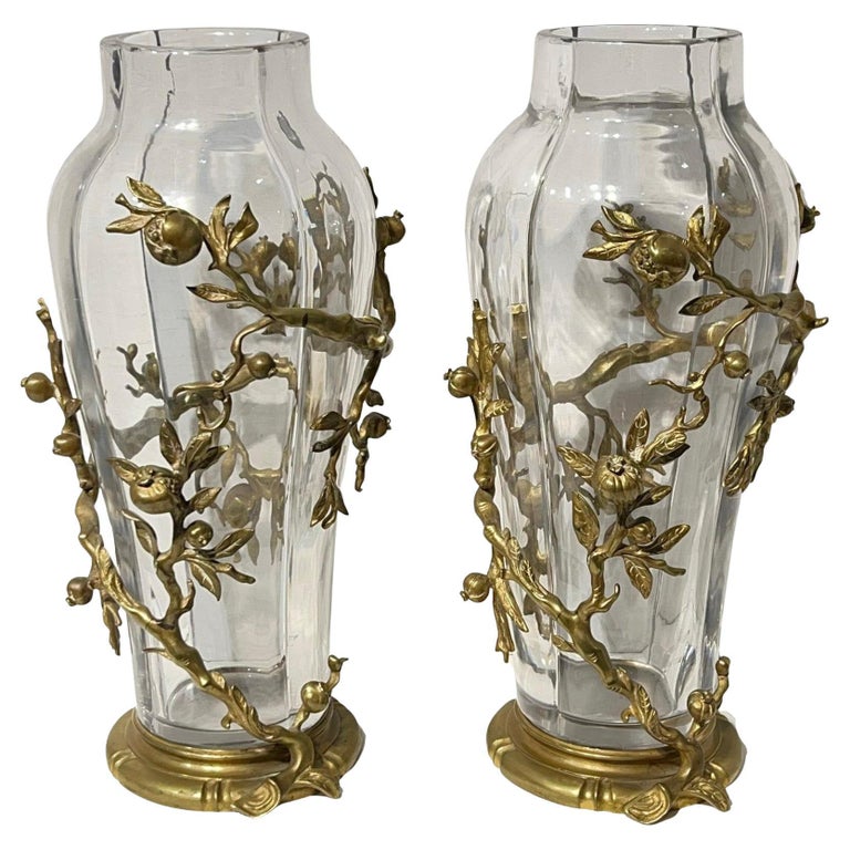 Pair of Art Nouveau Bronze Mounted Crystal Glass Vases by Edmond Enot