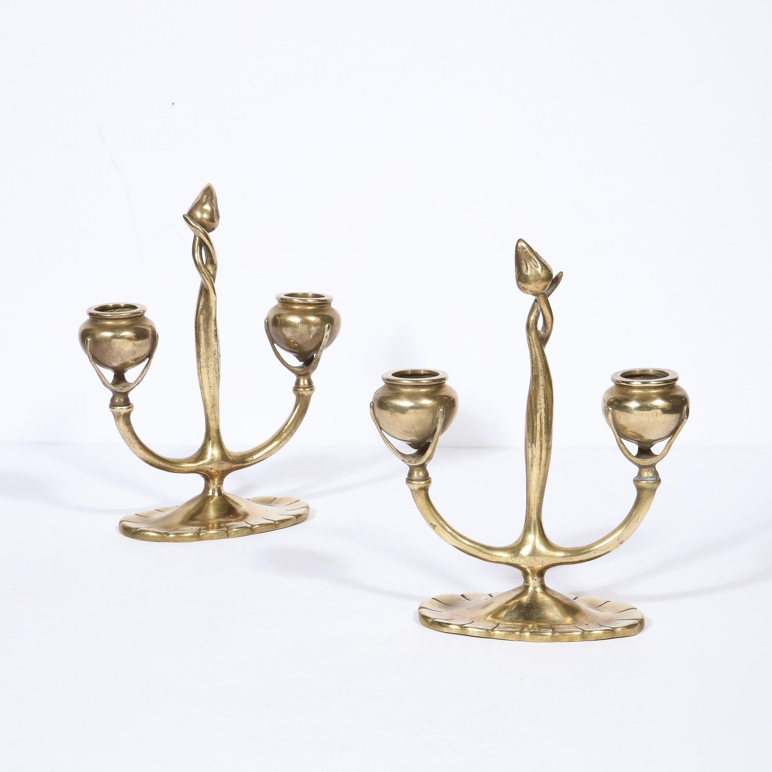 Early 20th Century Pair of Art Nouveau Bronze Sculptural Floral Candelabras Signed Tiffany Studios For Sale