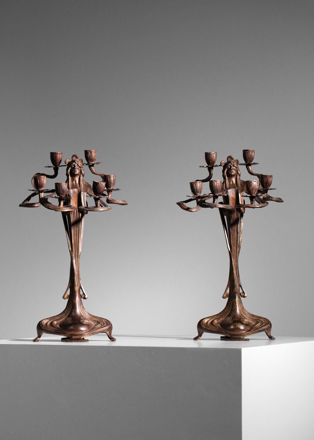 Pair of art nouveau candlesticks Austrian urania imperial zinn candelabra In Good Condition For Sale In Lyon, FR