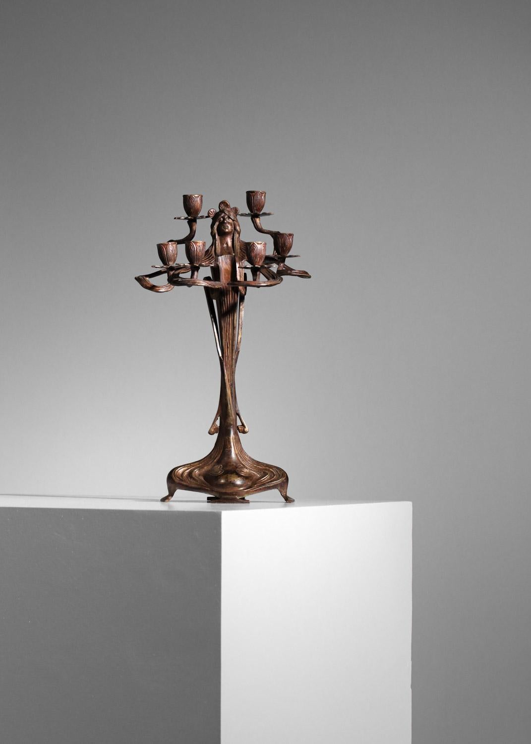 Bronze Pair of art nouveau candlesticks Austrian urania imperial zinn candelabra For Sale