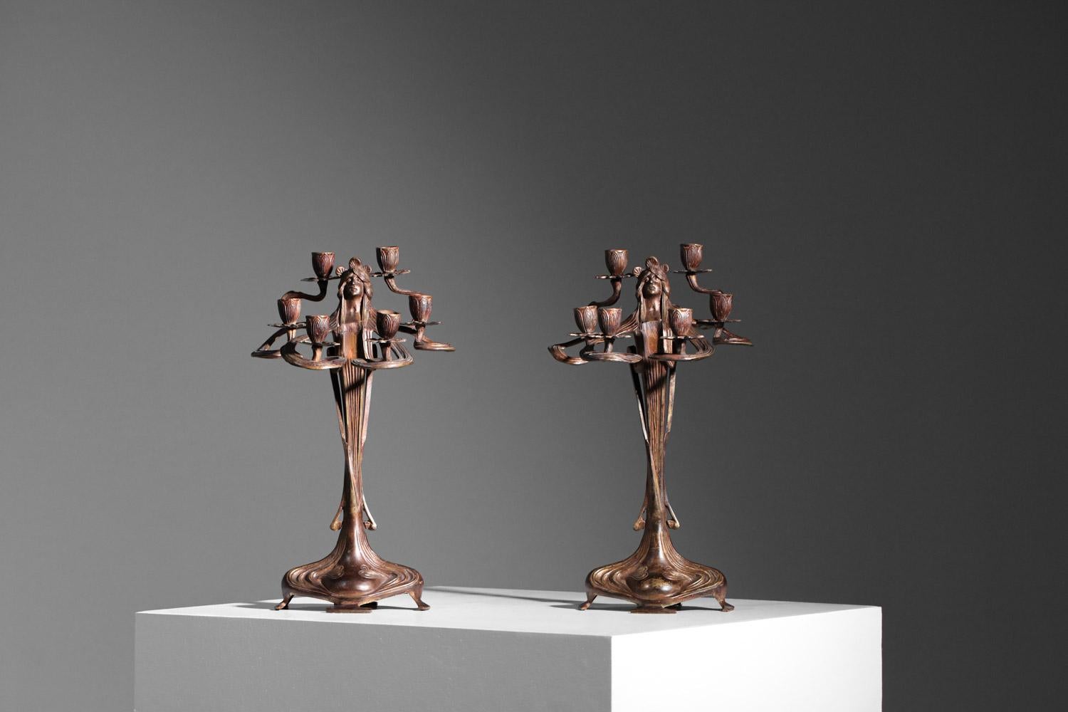 Pair of art nouveau candlesticks Austrian urania imperial zinn candelabra For Sale 2