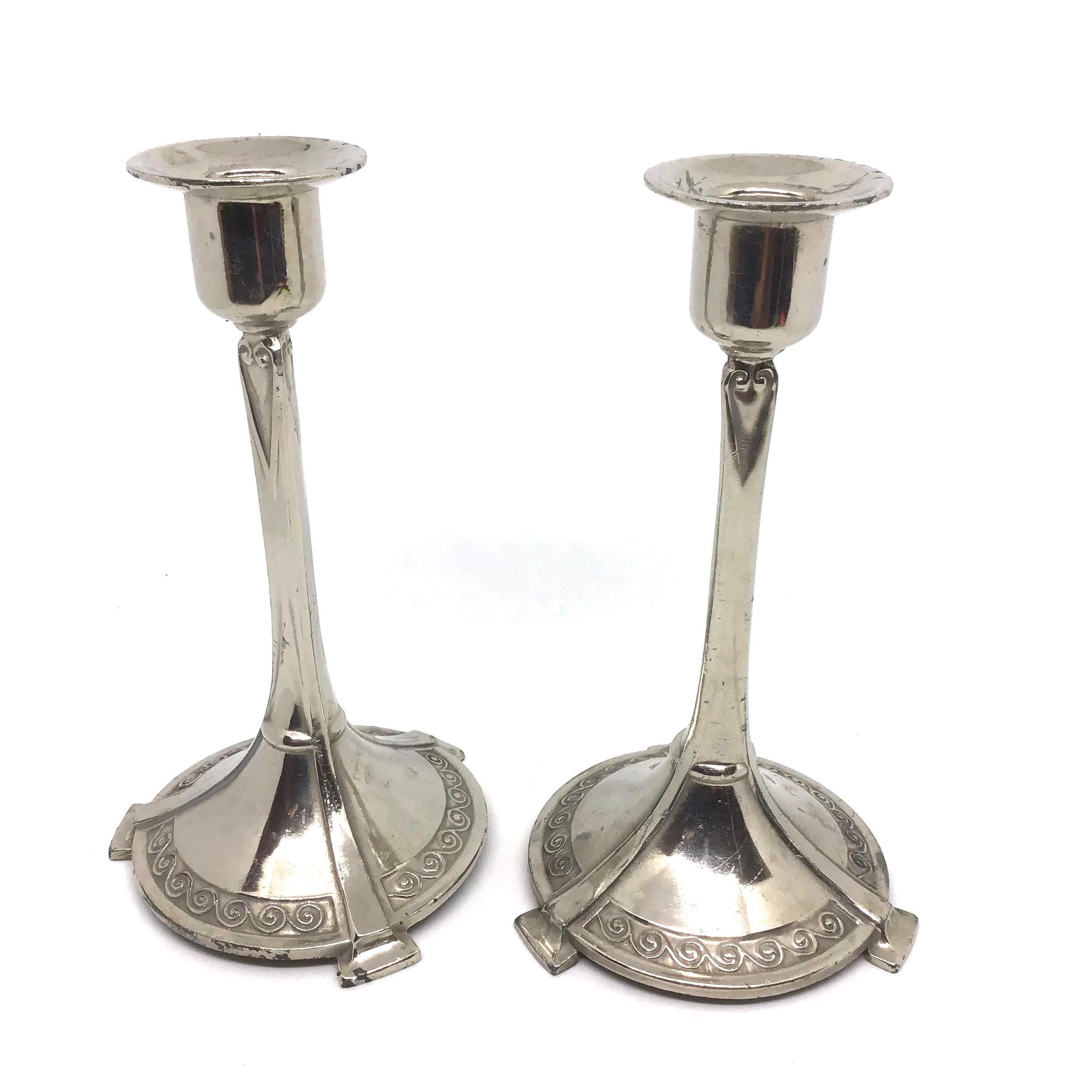 Very rare set of two Art Nouveau nickel-plated candlesticks, Germany, 1900s. They have a very nice patina. A decorative addition to any room.