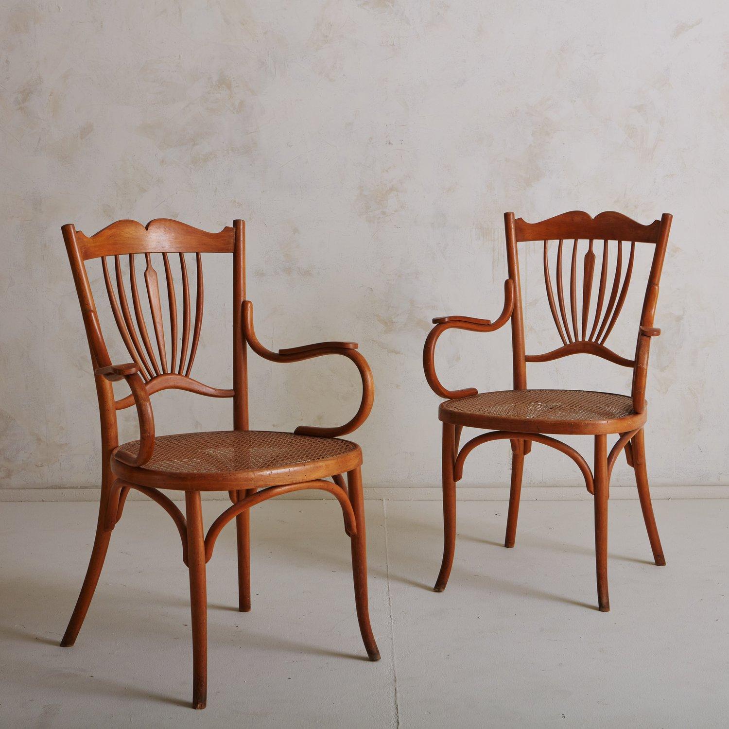 French Pair of Art Nouveau Caned Chairs Attributed to Fischel, France, 1900s