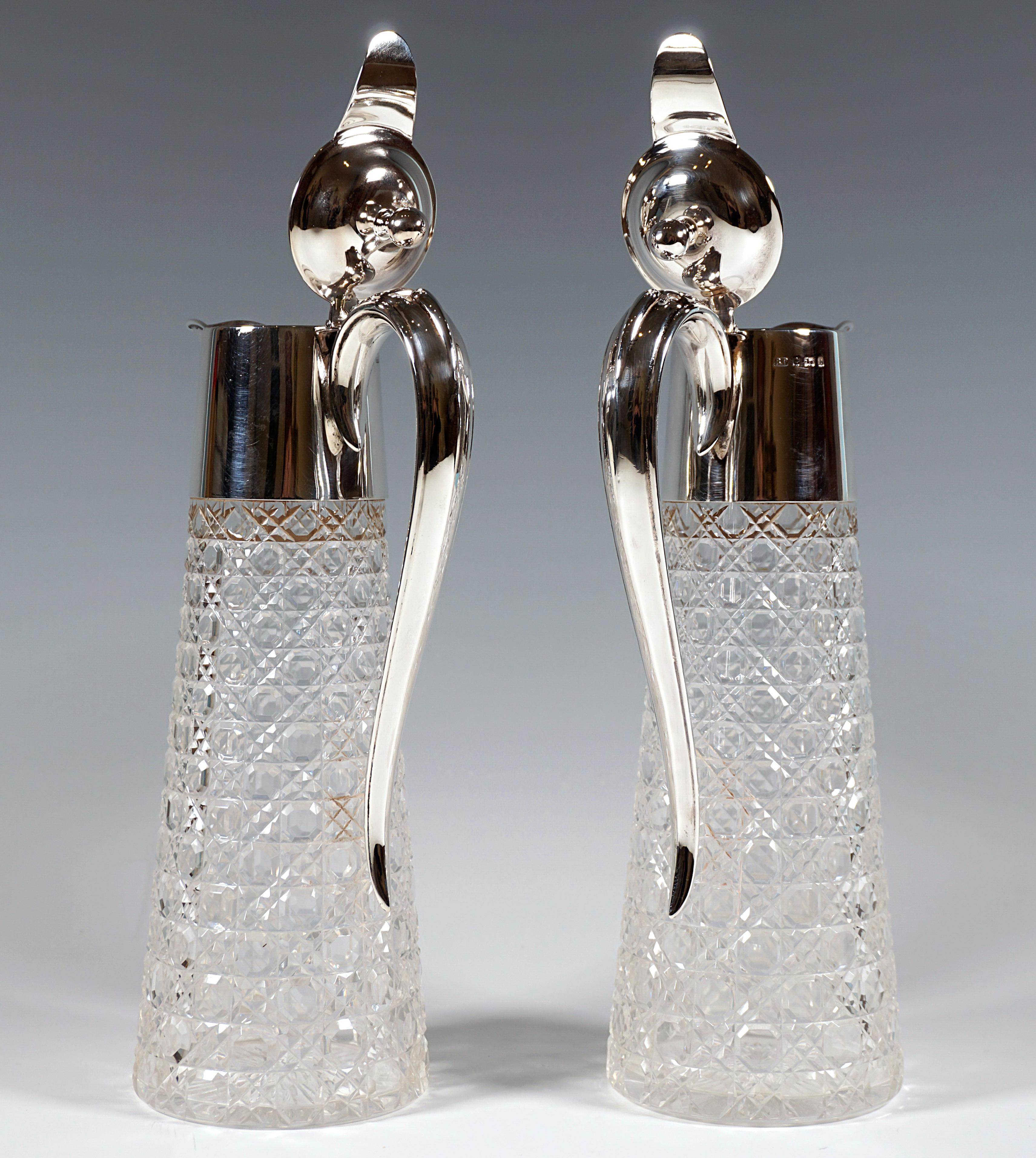 Hand-Crafted Pair Of Art Nouveau Carafes With Silver Mount by Barker Brothers Birmingham 1901 For Sale