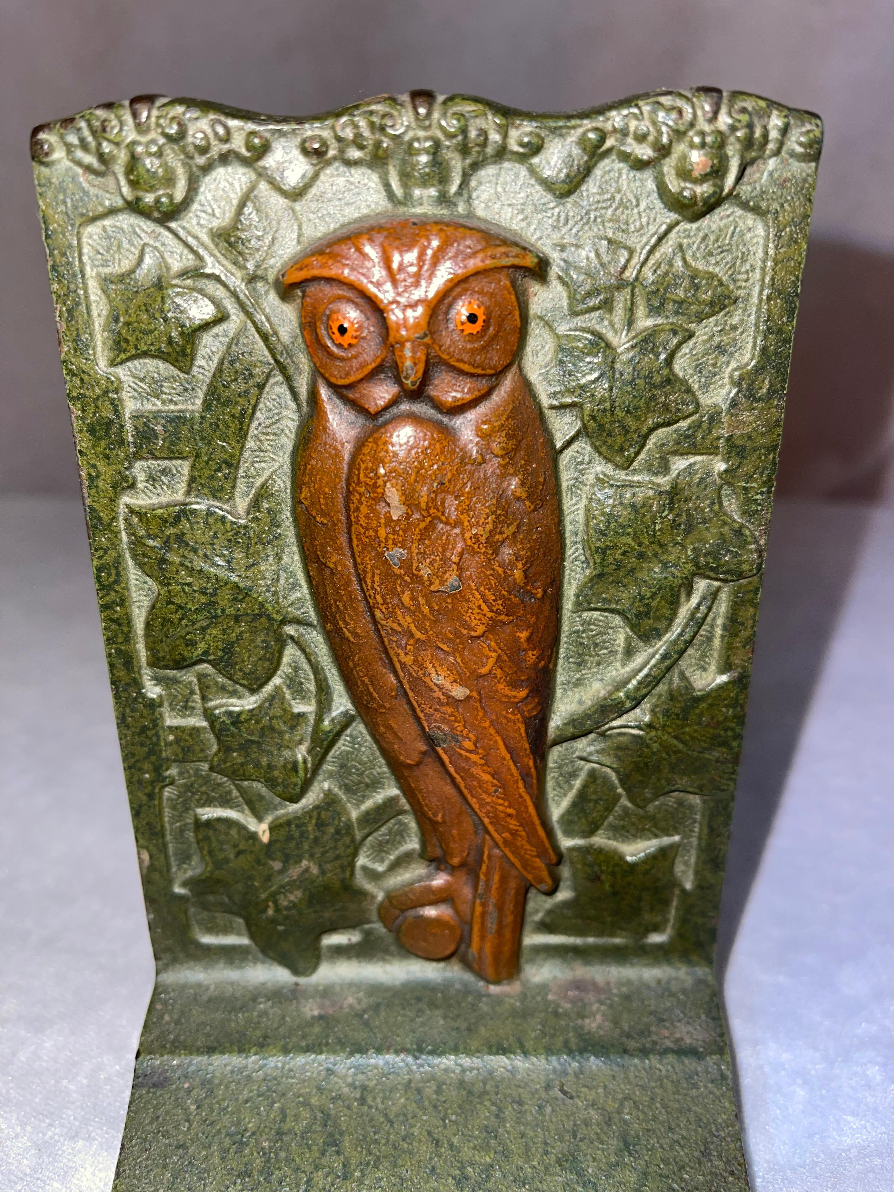 20th Century Pair of Art Nouveau Cast Iron Bookends w/Owls, by the Judd Co. ca 1900