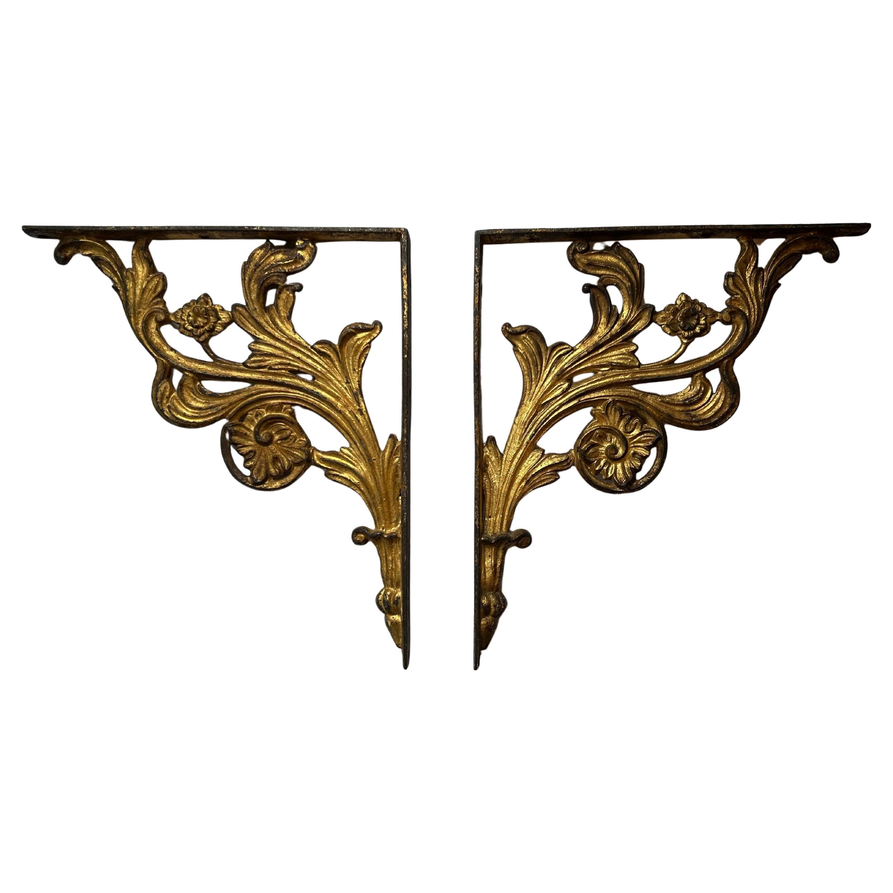 Pair of Art Nouveau Cast Iron, Gilded Shelf Brackets