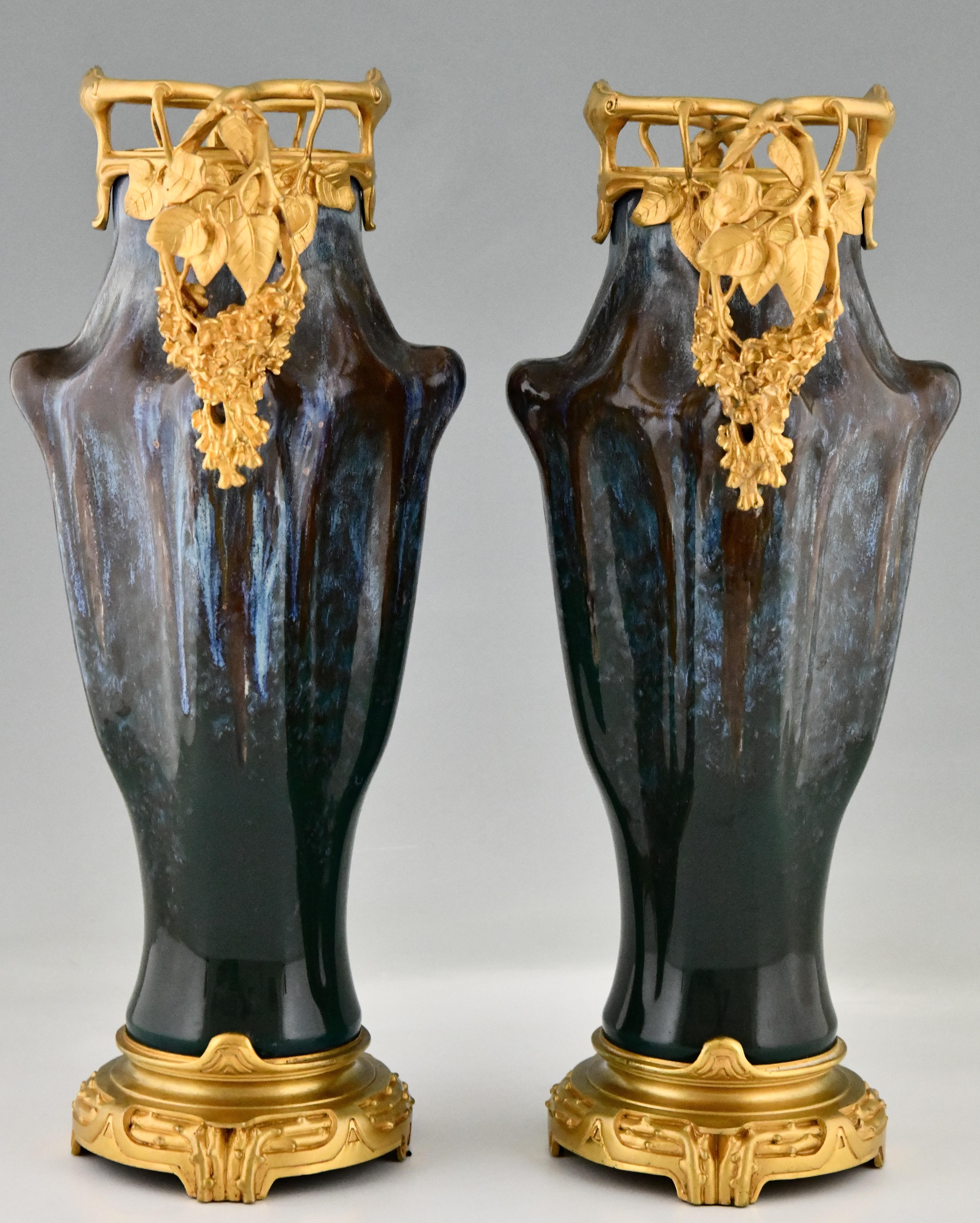 French Pair of Art Nouveau ceramic & bronze vases Paul Louchet, Lamarre and Pillivuyt