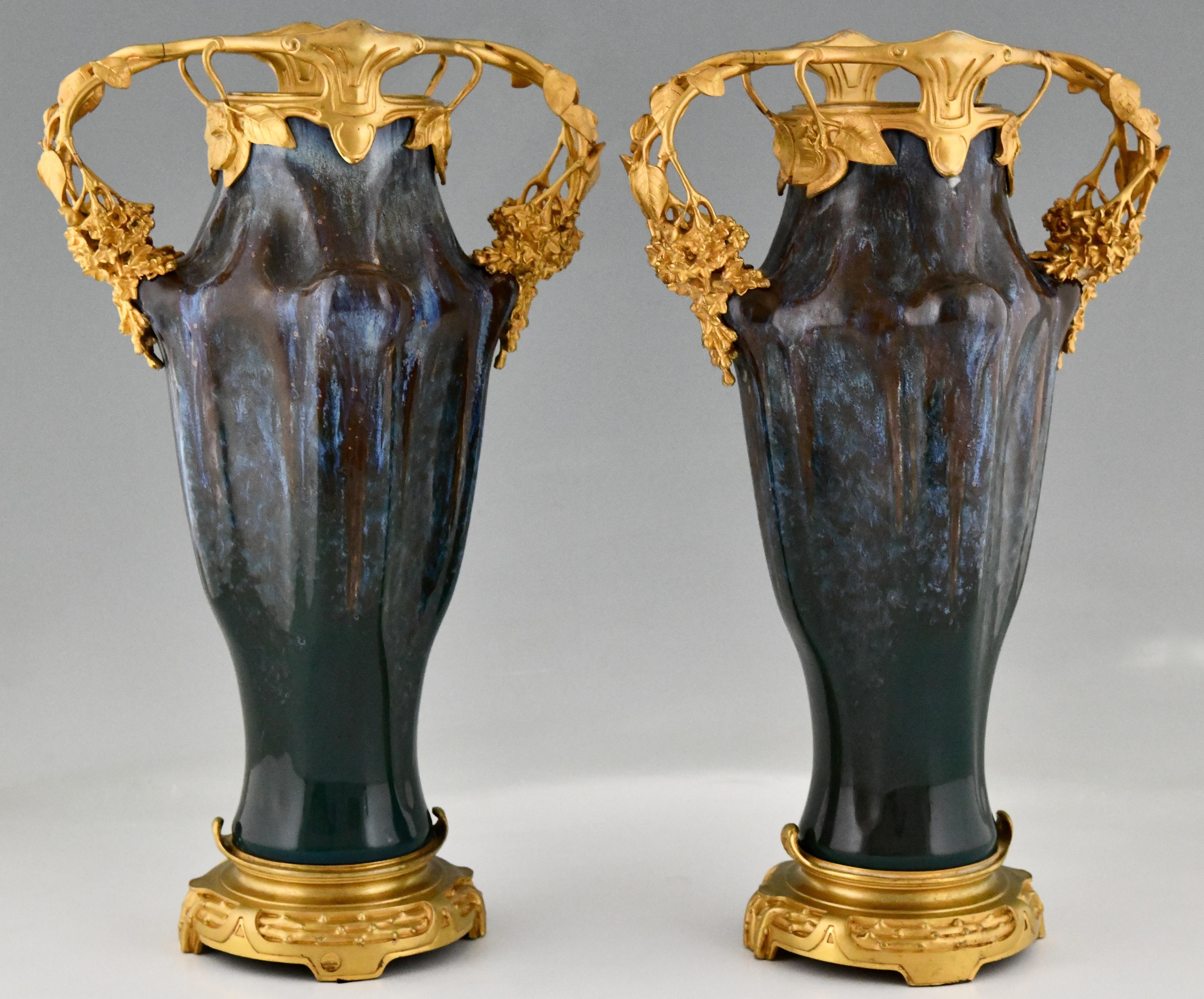 Pair of Art Nouveau ceramic & bronze vases Paul Louchet, Lamarre and Pillivuyt In Good Condition In Antwerp, BE