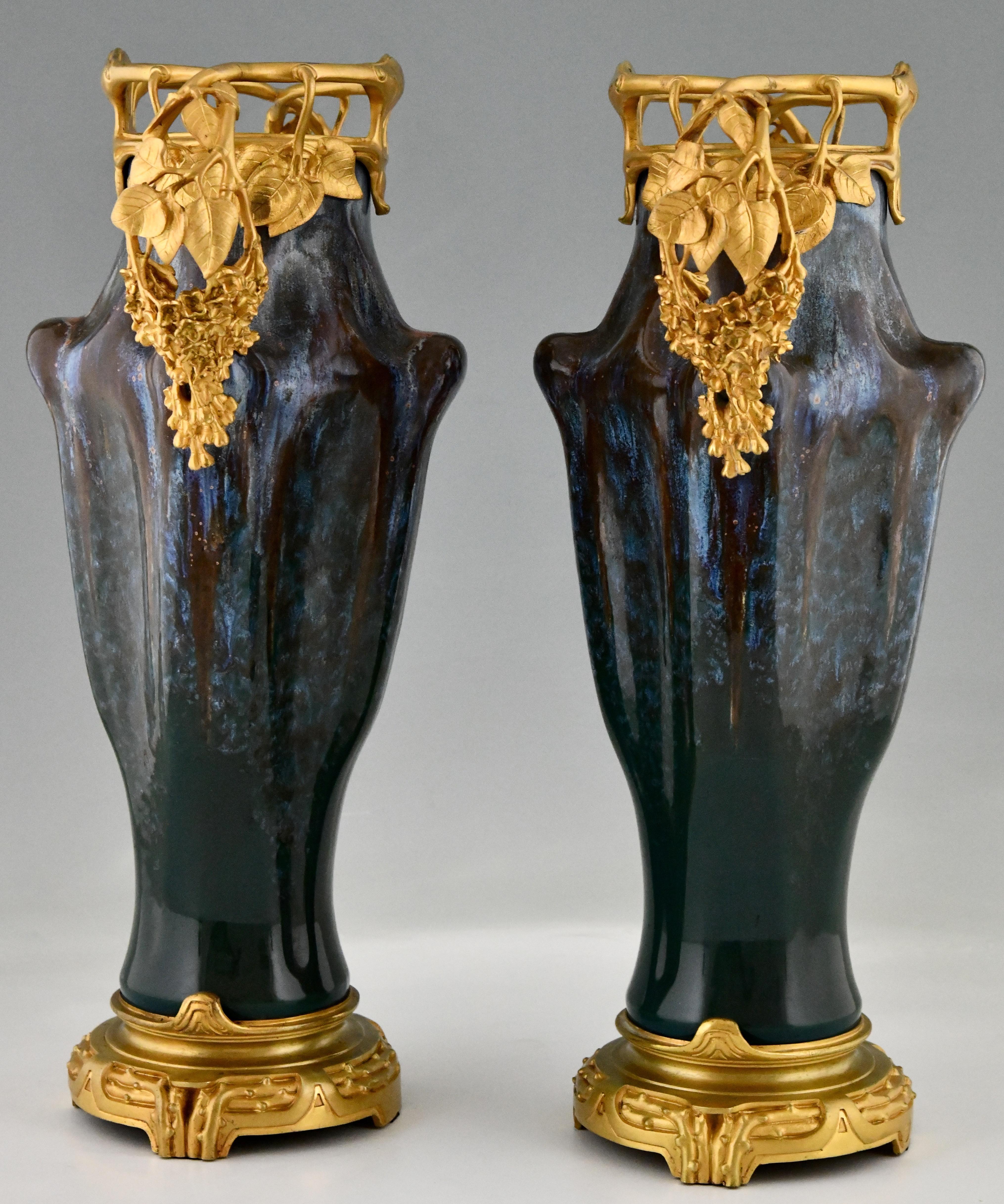 Early 20th Century Pair of Art Nouveau ceramic & bronze vases Paul Louchet, Lamarre and Pillivuyt