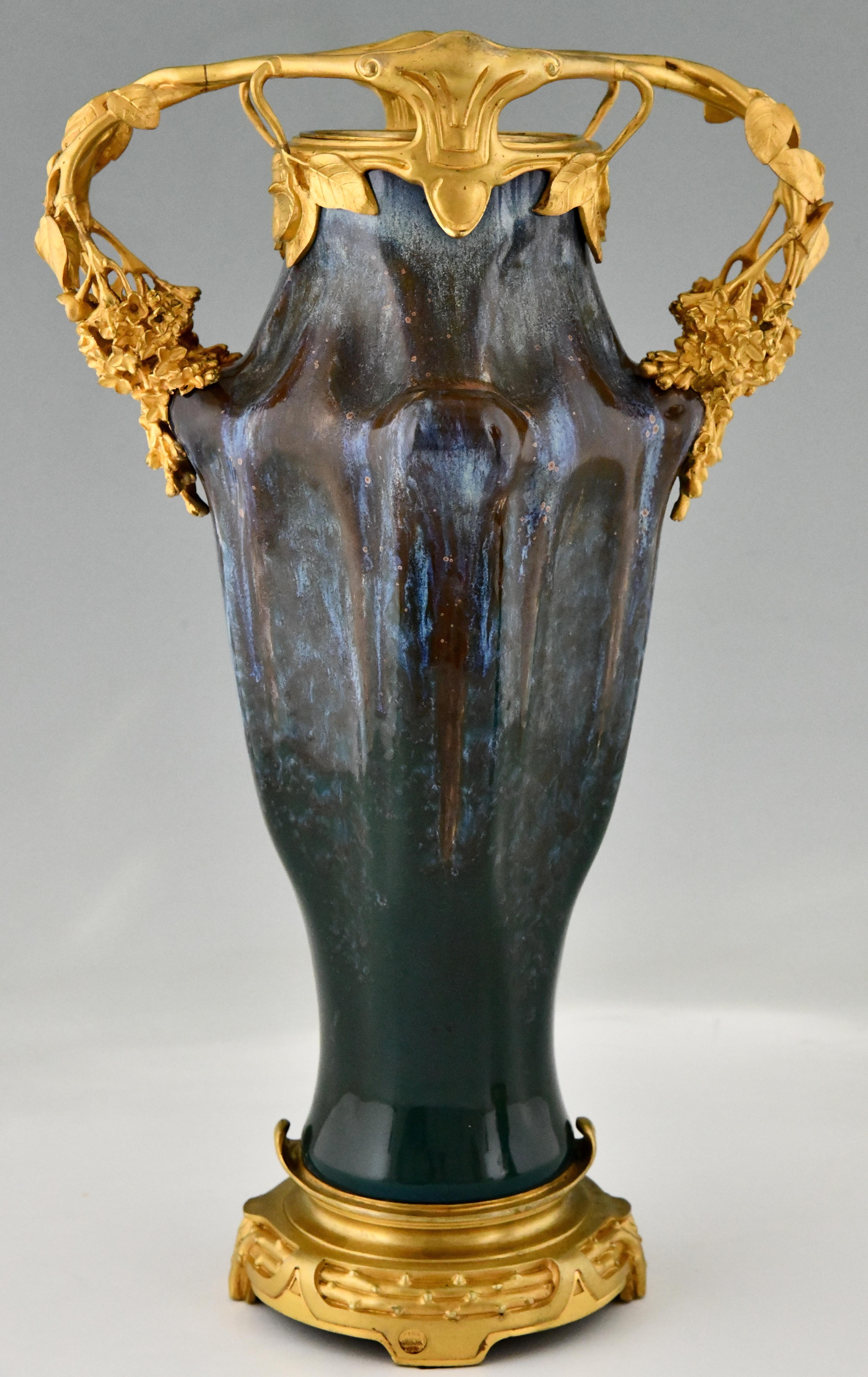 Bronze Pair of Art Nouveau ceramic & bronze vases Paul Louchet, Lamarre and Pillivuyt