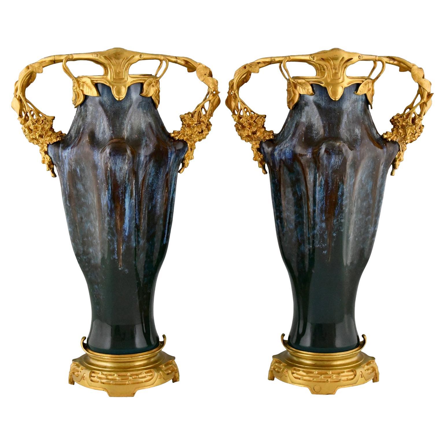 Pair of Art Nouveau ceramic & bronze vases Paul Louchet, Lamarre and Pillivuyt