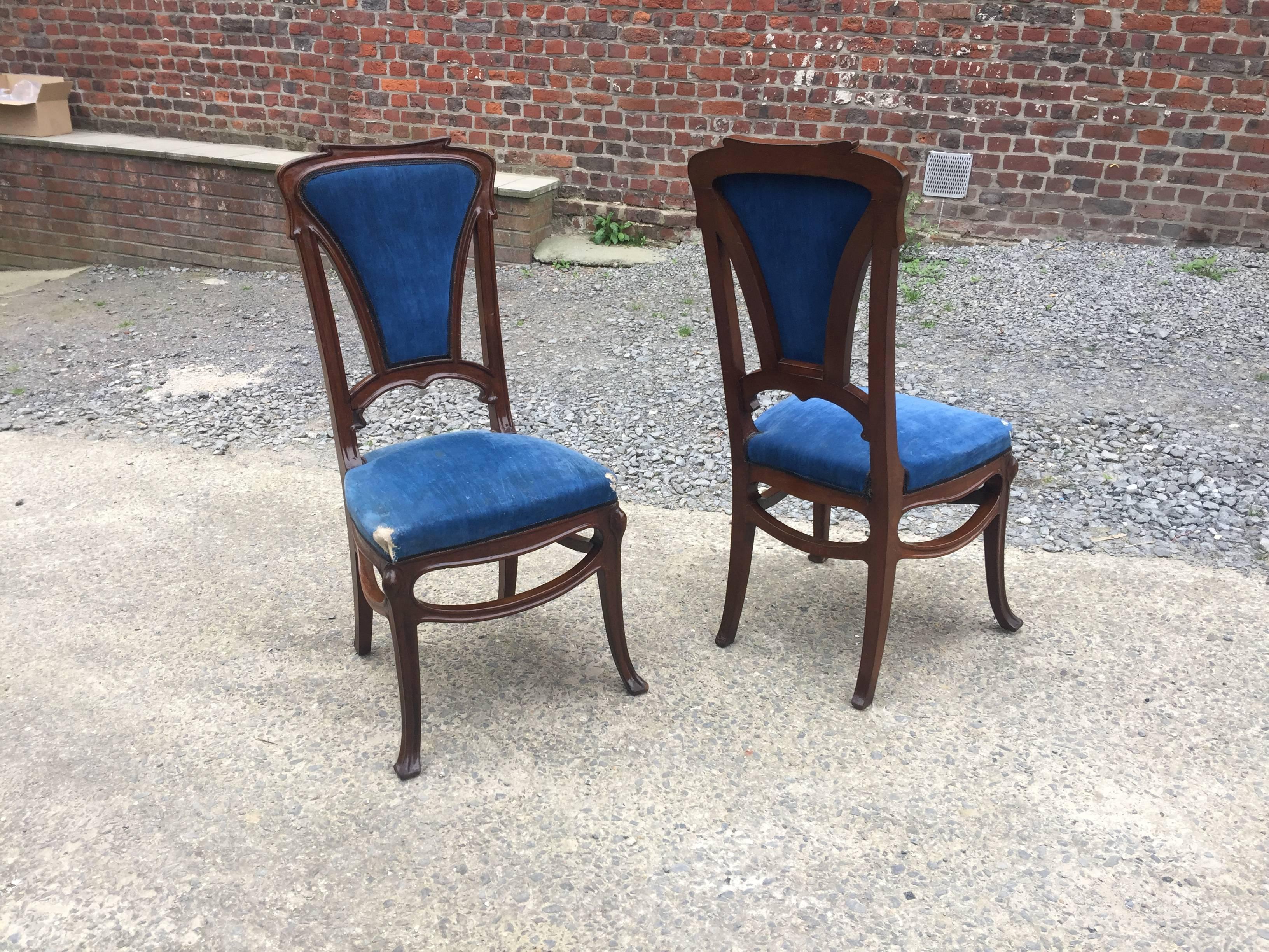 Pair of Art Nouveau chairs in mahogany, circa 1900.
 