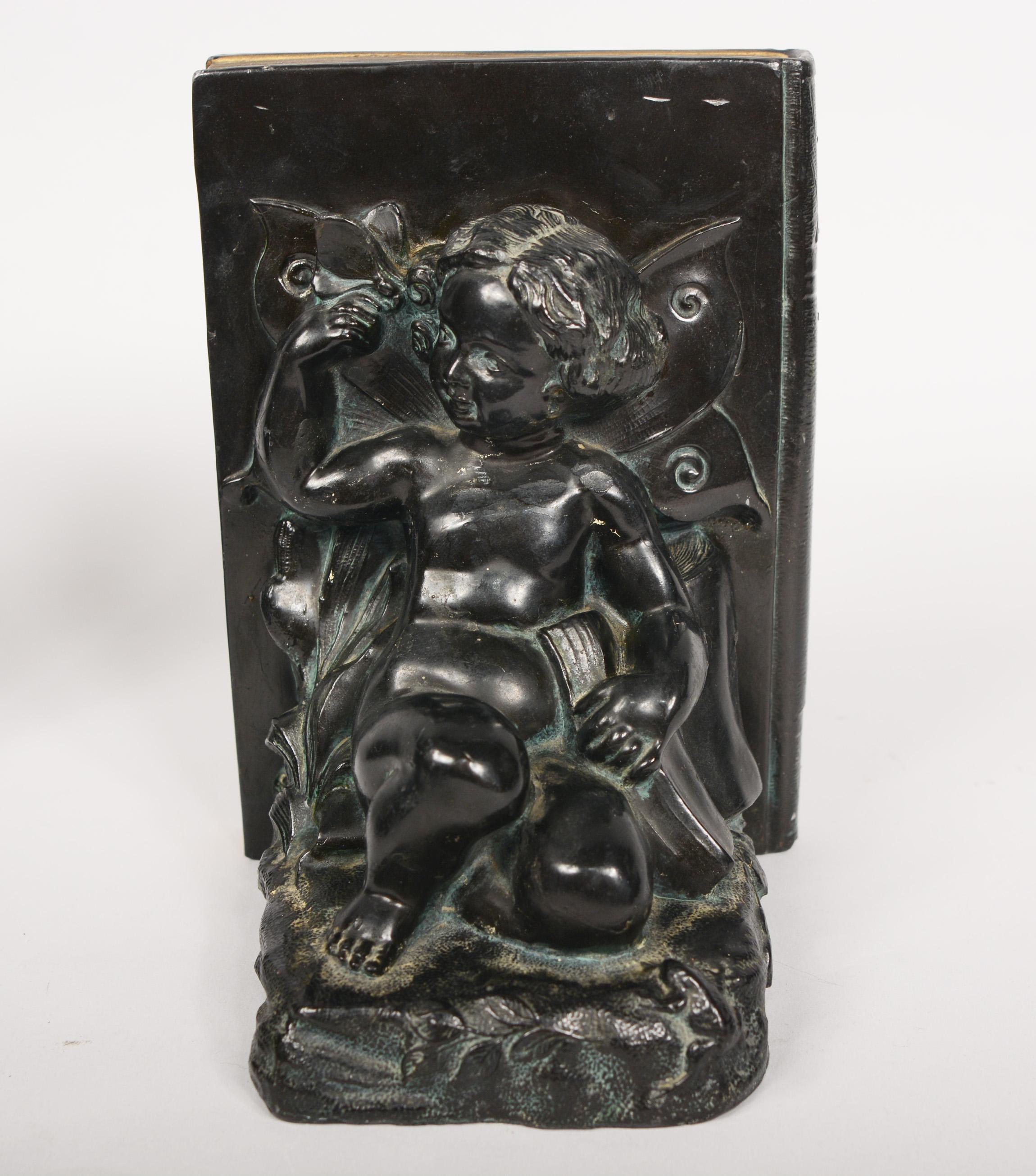 Pair of Art Nouveau Cherub and Butterfly Bookends by Ronson In Good Condition In San Mateo, CA