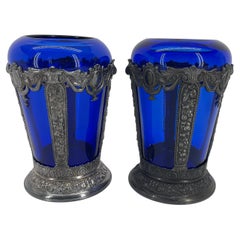 Pair of Art Nouveau Cobalt Blue Glass & Spelter Vases, Late 19th Century