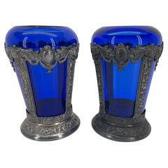 Pair of Art Nouveau Cobalt Blue Glass & Spelter Vases, Late 19th Century