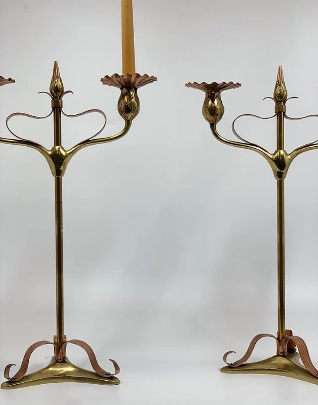 Pair of Art Nouveau Copper & Brass Candlesticks In Good Condition For Sale In London, England