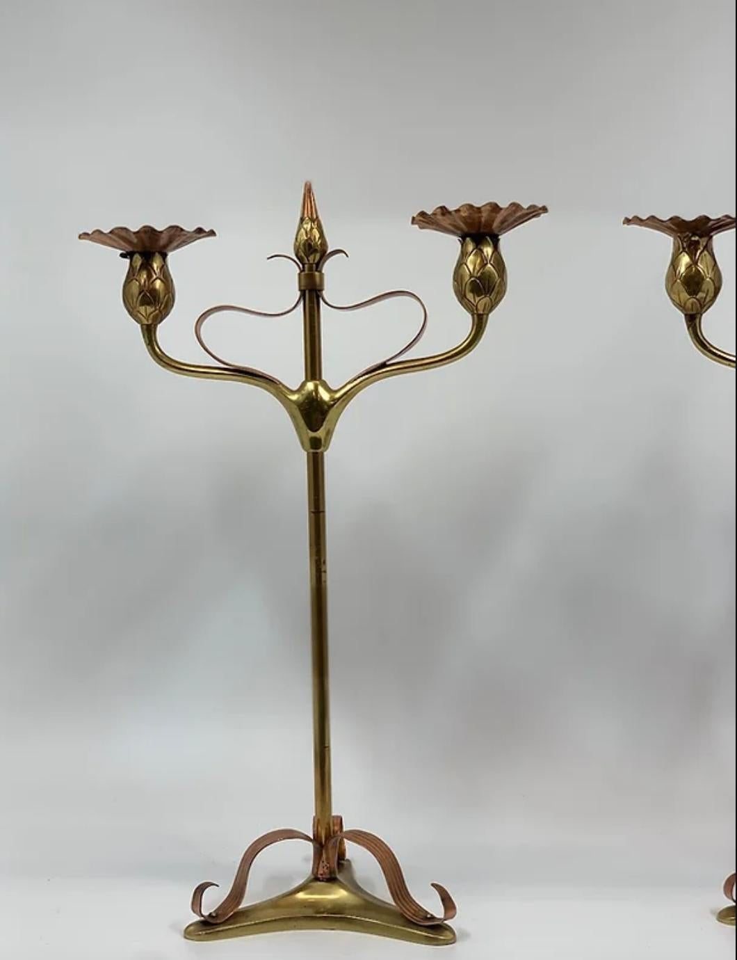 20th Century Pair of Art Nouveau Copper & Brass Candlesticks For Sale