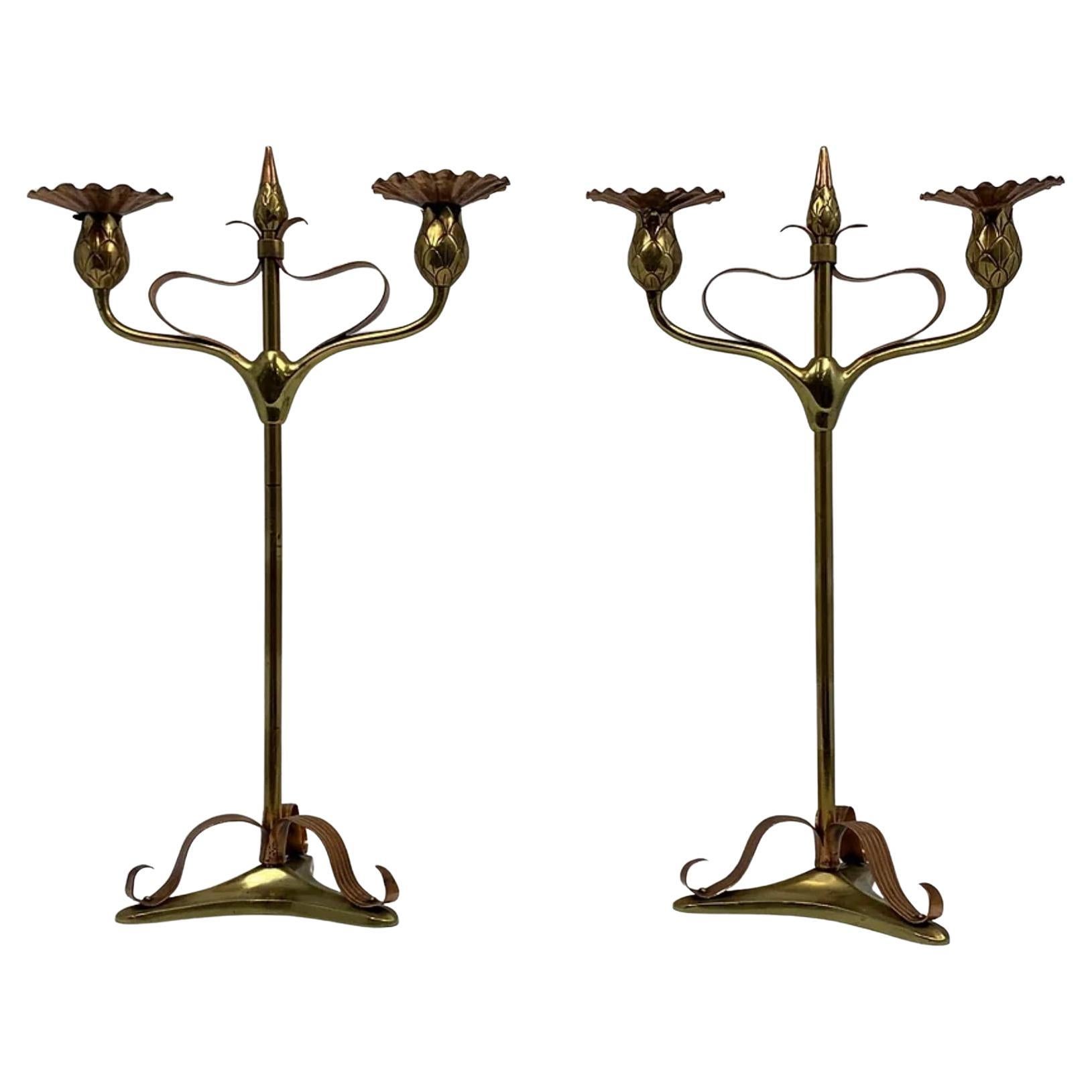 Pair of Art Nouveau Copper & Brass Candlesticks For Sale