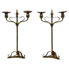 Vintage Pair of Art Nouveau Copper & Brass Candlesticks