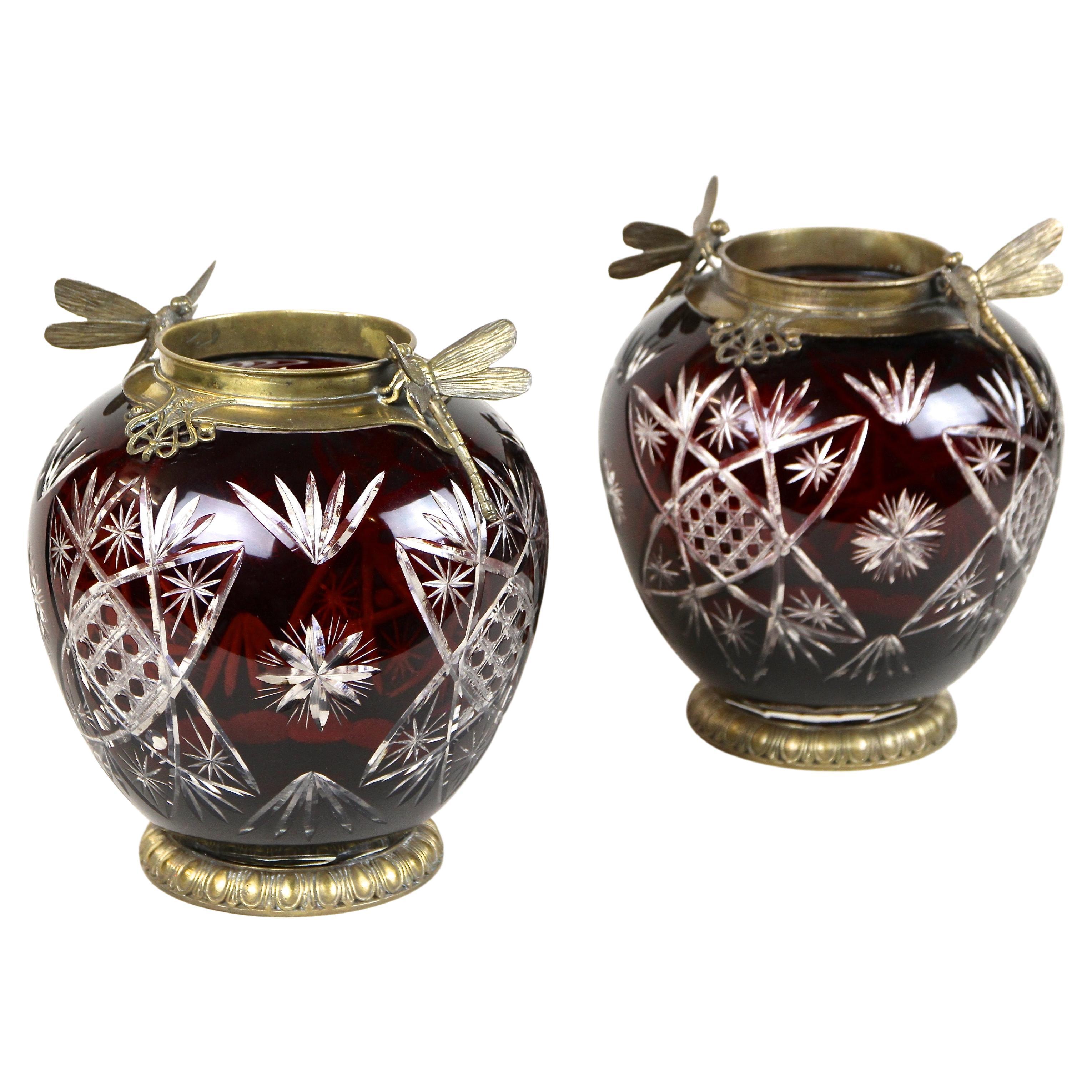 Pair Of Art Nouveau Cut Glass Vases With Bronze Dragonflies, France ca. 1900